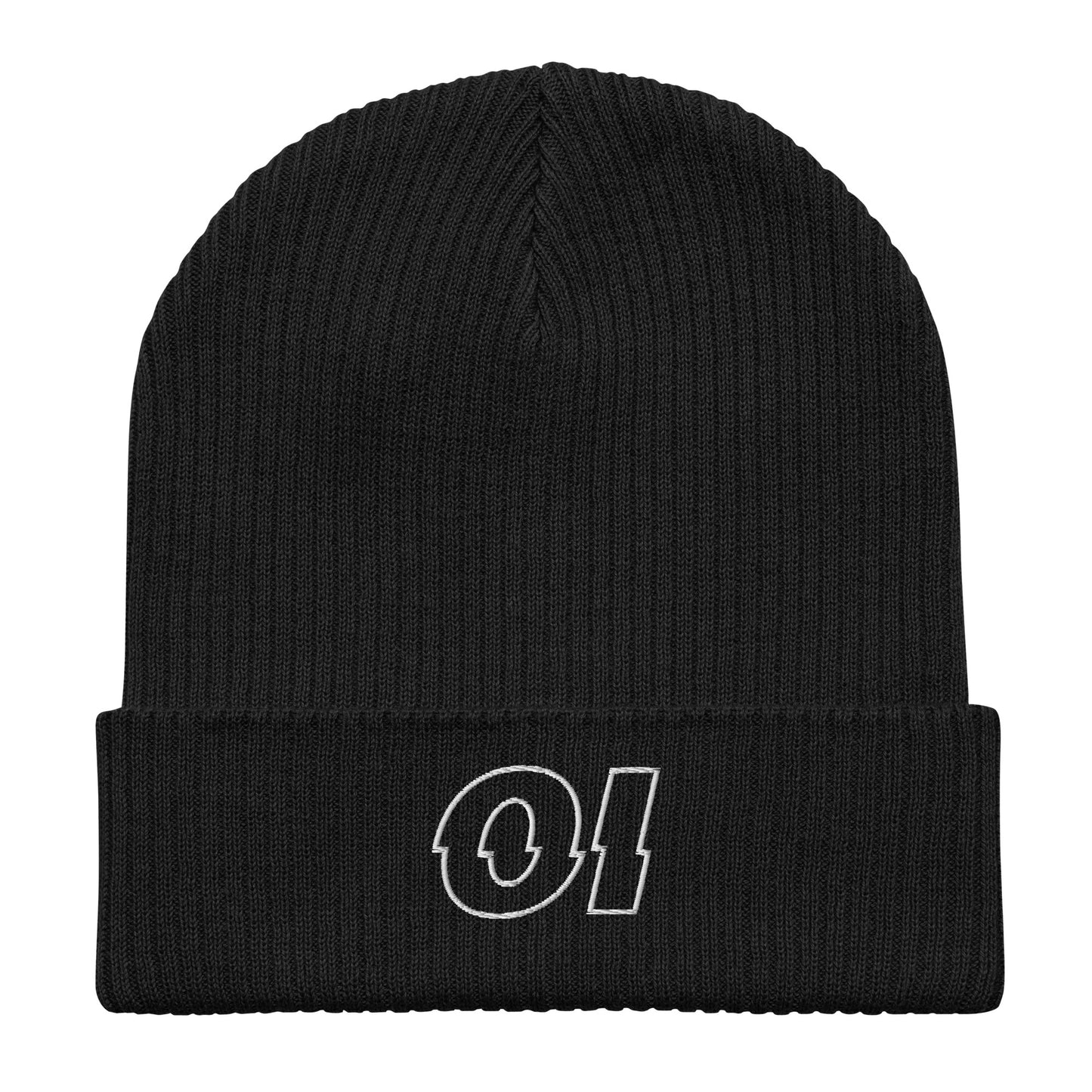 other ideas eco streetwear black organic cotton ribbed beanie sustainable slow fashion flat front view showing embroidered logo detail