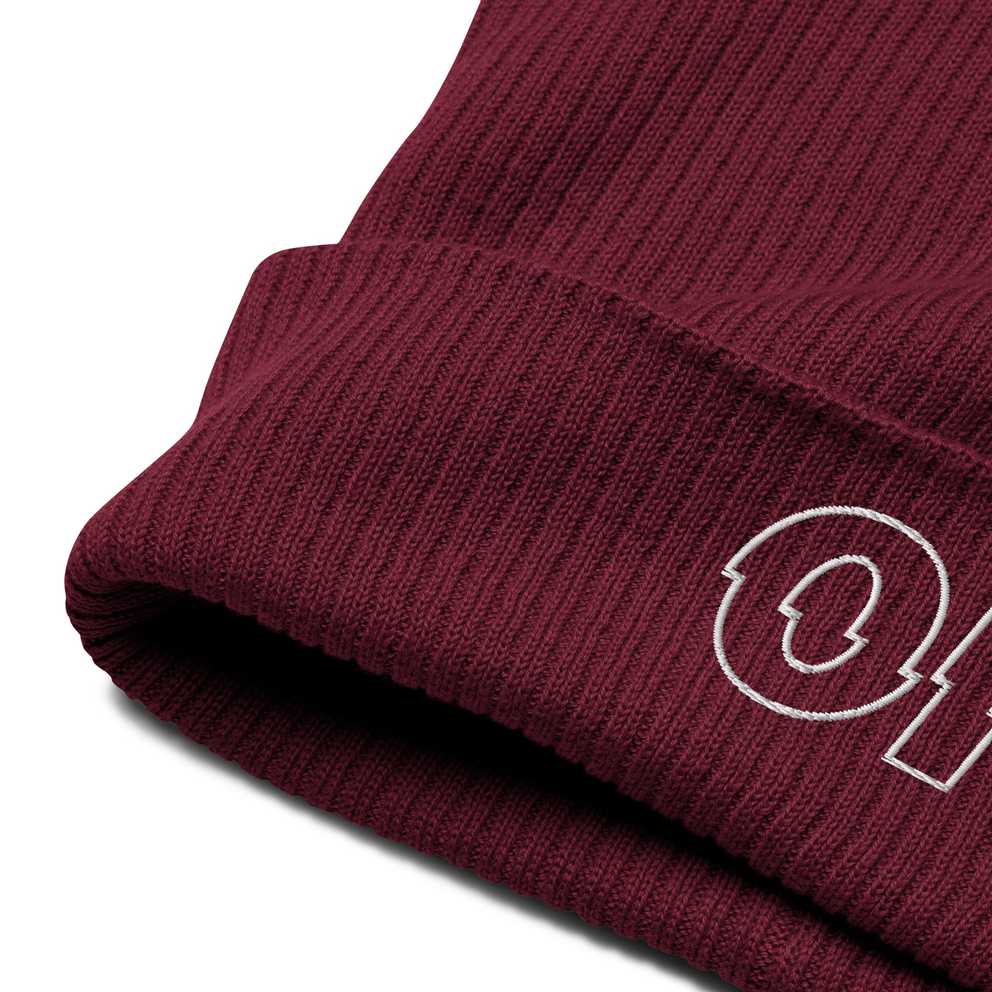 other ideas eco streetwear burgundy organic cotton ribbed beanie sustainable slow fashion view showing ribbed fabric and embroidery logo detail