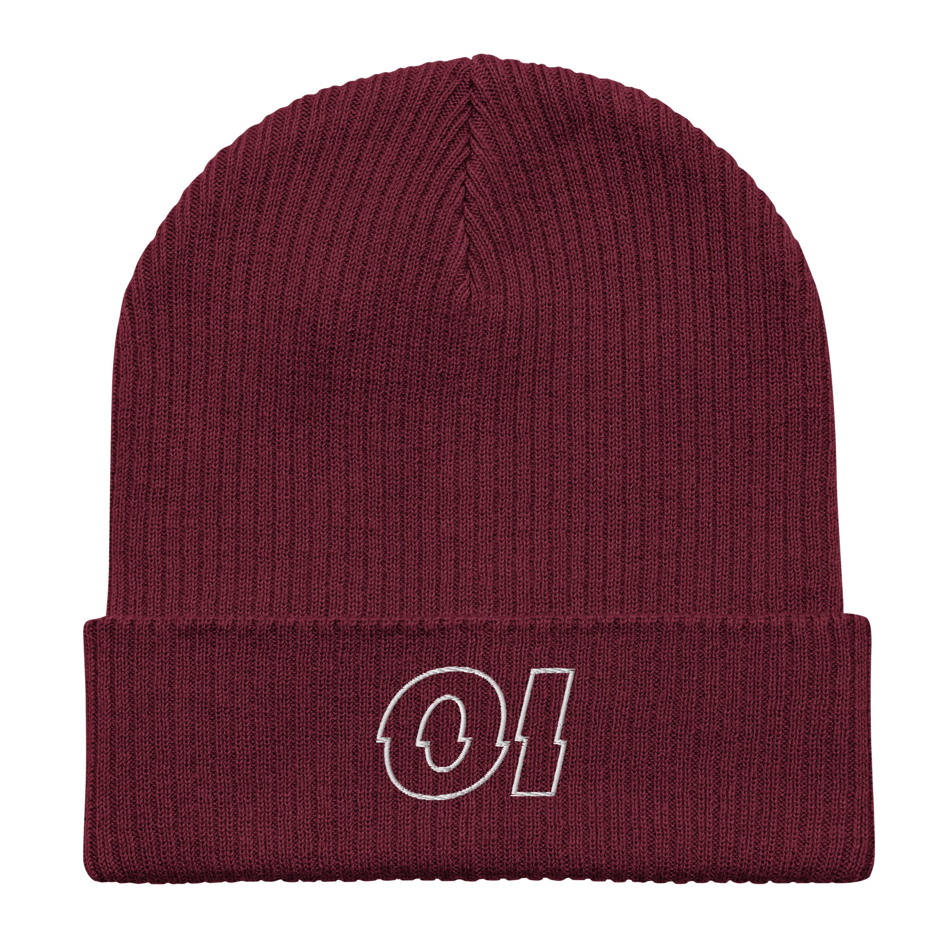 other ideas eco streetwear burgundy organic cotton ribbed beanie sustainable slow fashion flat front view showing embroidered logo detail