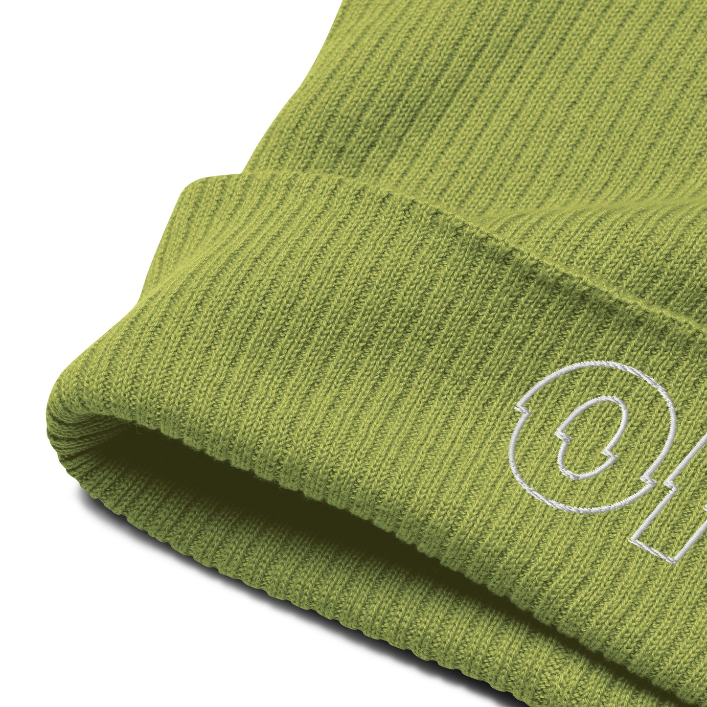 other ideas eco streetwear leaf green organic cotton ribbed beanie sustainable slow fashion view showing ribbed fabric and embroidery logo detail