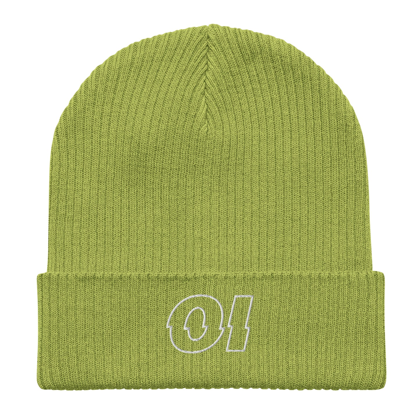 other ideas eco streetwear leaf green organic cotton ribbed beanie sustainable slow fashion flat front view showing embroidered logo detail