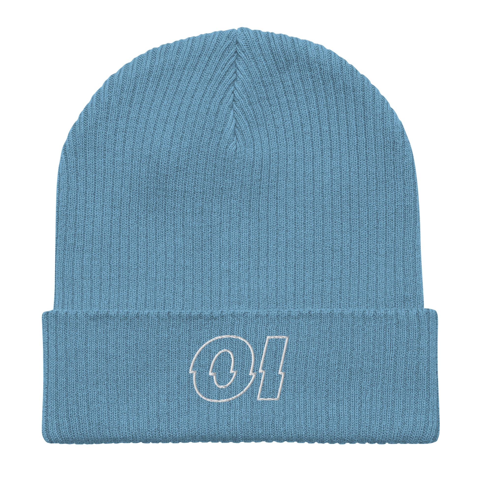 other ideas eco streetwear light avio blue organic cotton ribbed beanie sustainable slow fashion flat front view showing embroidered logo detail