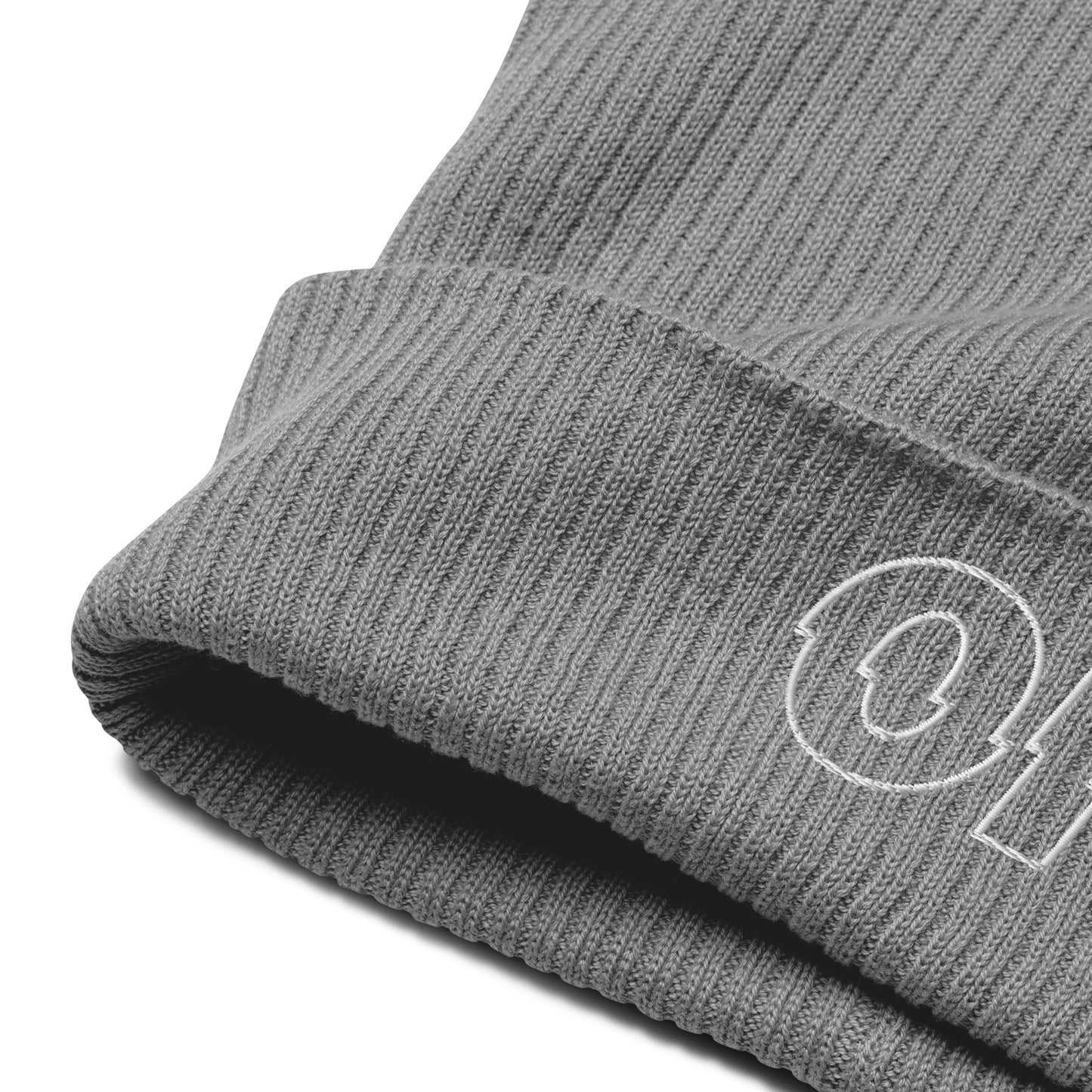 other ideas eco streetwear light grey organic cotton ribbed beanie sustainable slow fashion view showing ribbed fabric and embroidery logo detail