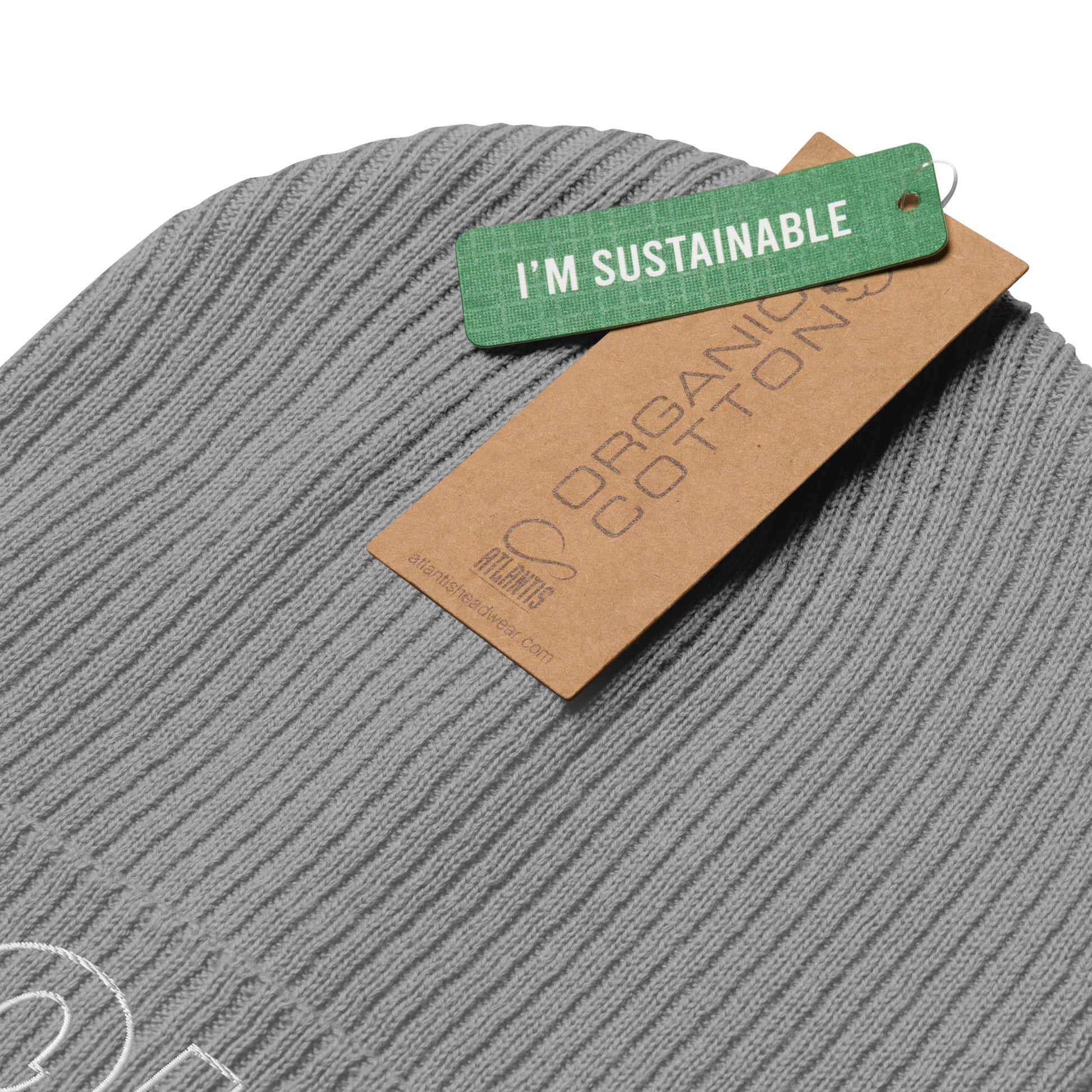 other ideas eco streetwear light grey organic cotton ribbed beanie sustainable slow fashion view showing ethical sustainable label detail