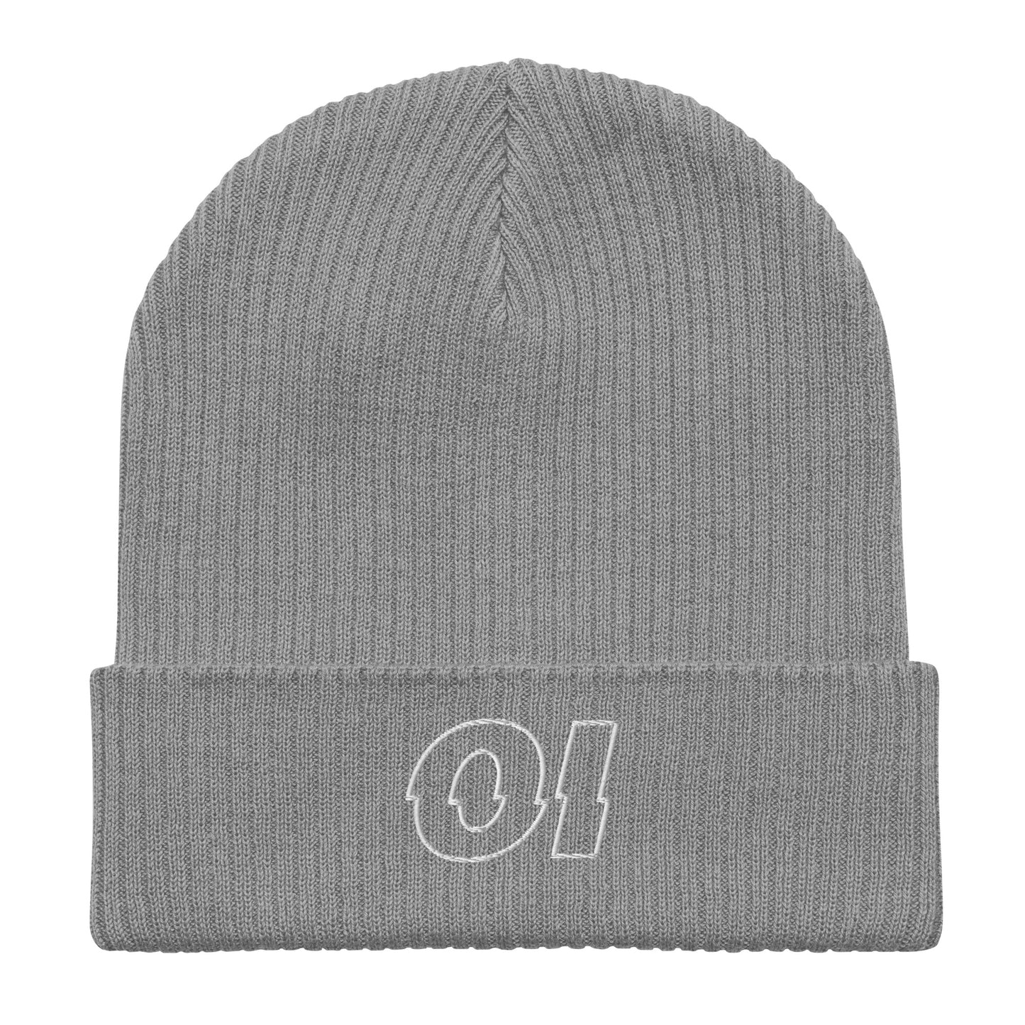 other ideas eco streetwear light grey organic cotton ribbed beanie sustainable slow fashion flat front view showing embroidered logo detail