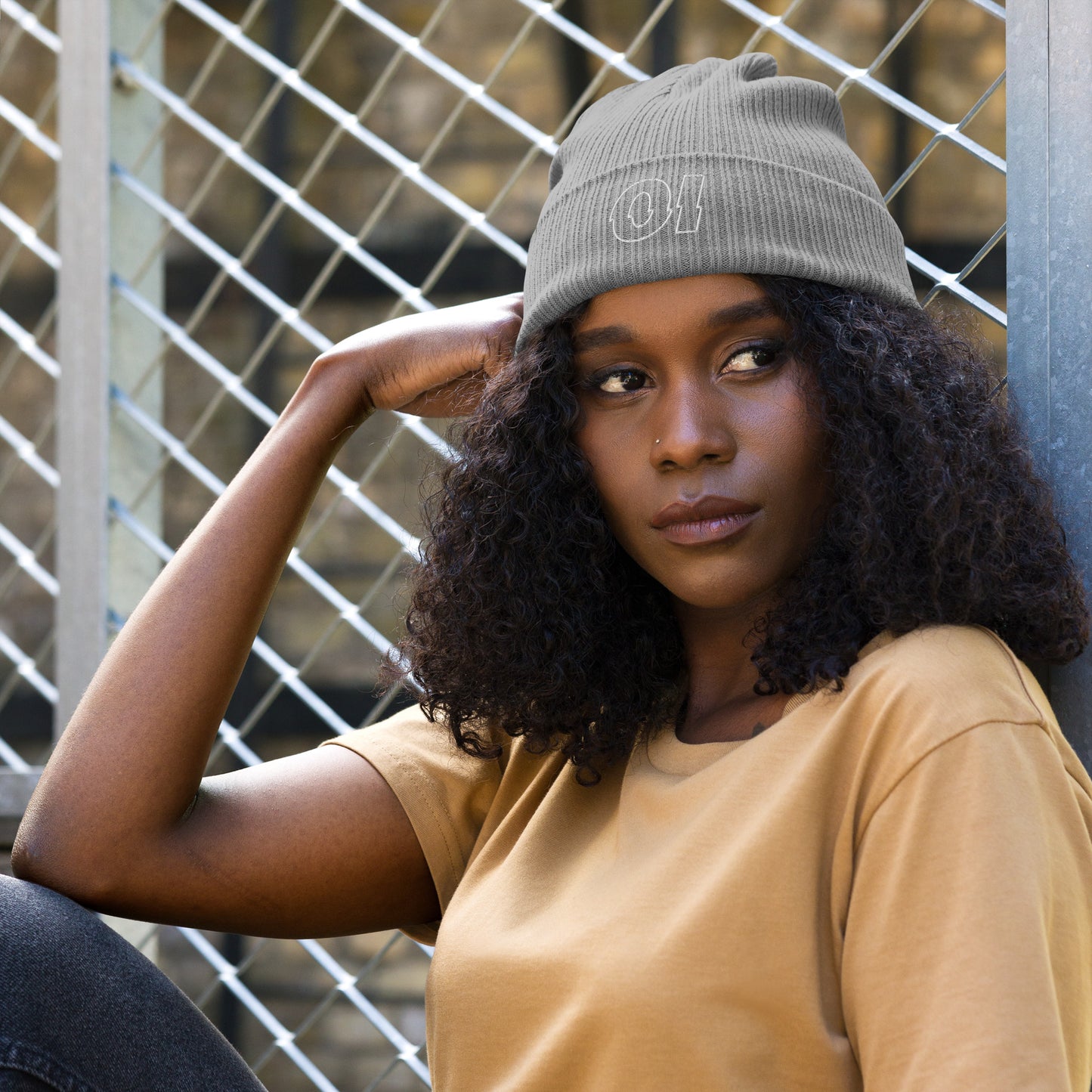 other ideas eco streetwear light grey organic cotton ribbed beanie sustainable slow fashion womens modelled front view showing embroidered logo detail