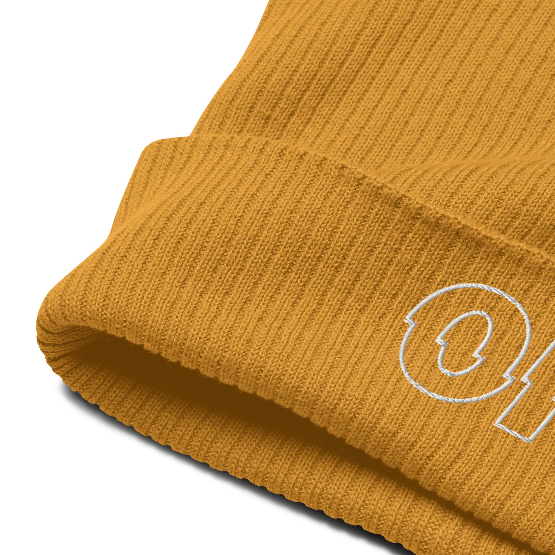 other ideas eco streetwear mustard yellow organic cotton ribbed beanie sustainable slow fashion view showing ribbed fabric and embroidery logo detail