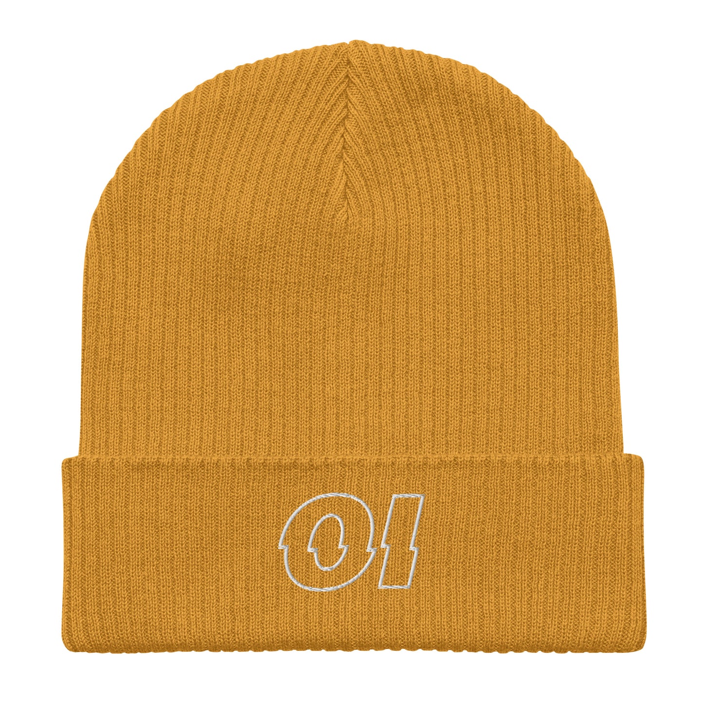 other ideas eco streetwear mustard yellow organic cotton ribbed beanie sustainable slow fashion flat front view showing embroidered logo detail