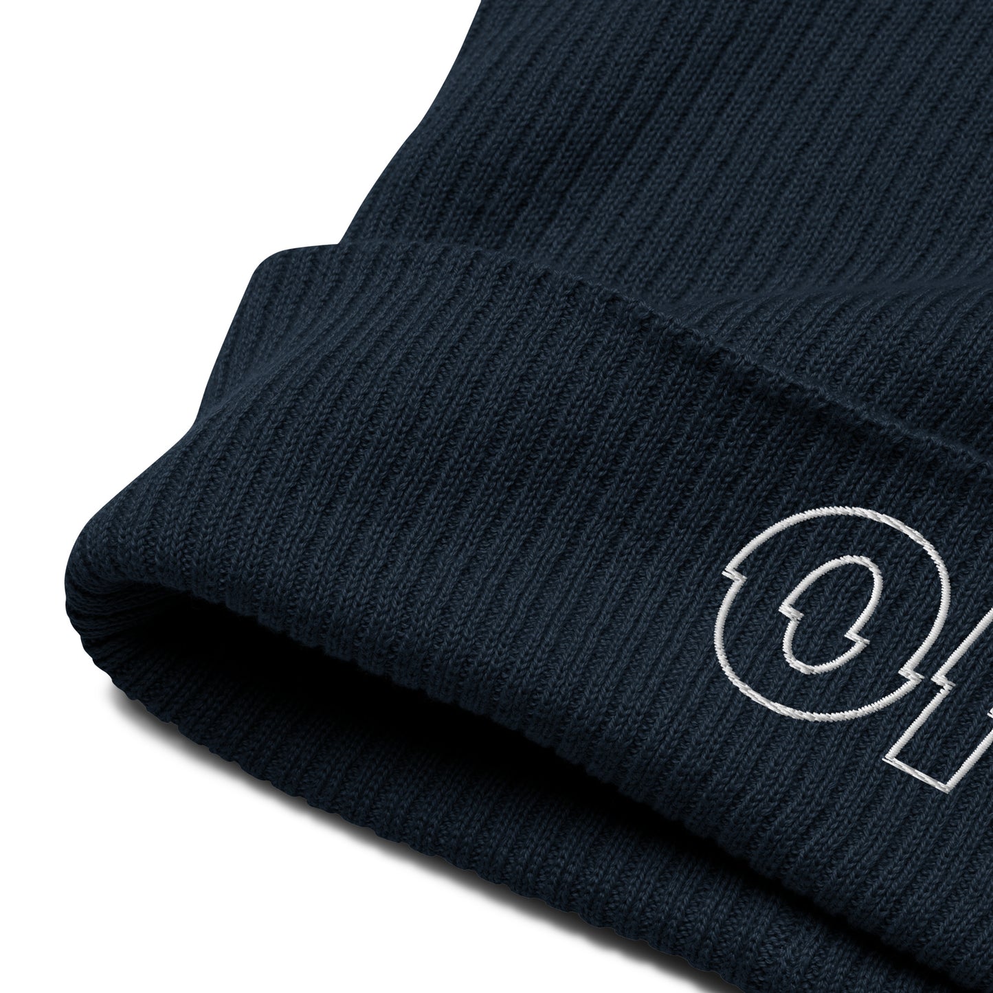 other ideas eco streetwear oxford navy blue organic cotton ribbed beanie sustainable slow fashion view showing ribbed fabric and embroidery logo detail