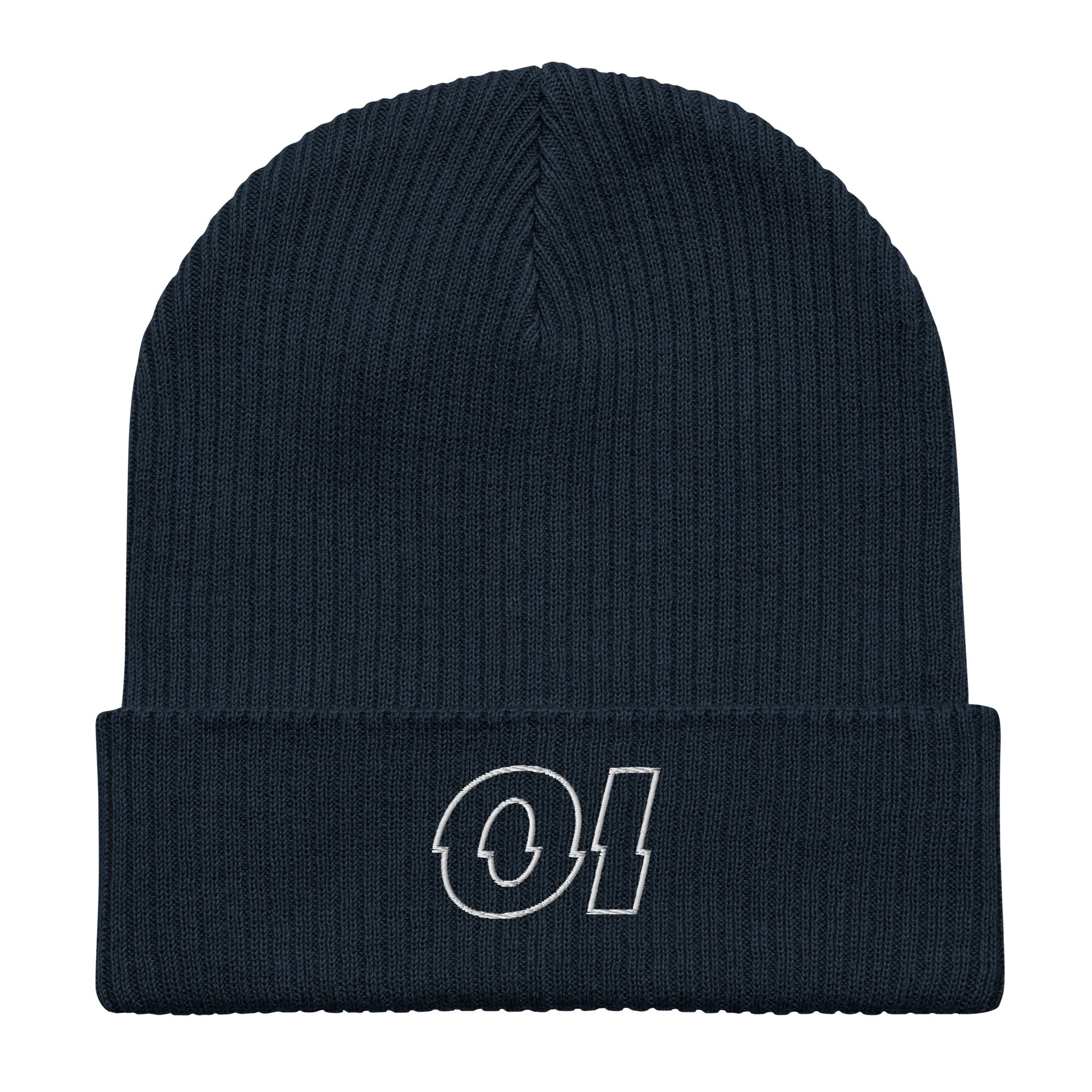 other ideas eco streetwear oxford navy blue organic cotton ribbed beanie sustainable slow fashion flat front view showing embroidered logo detail