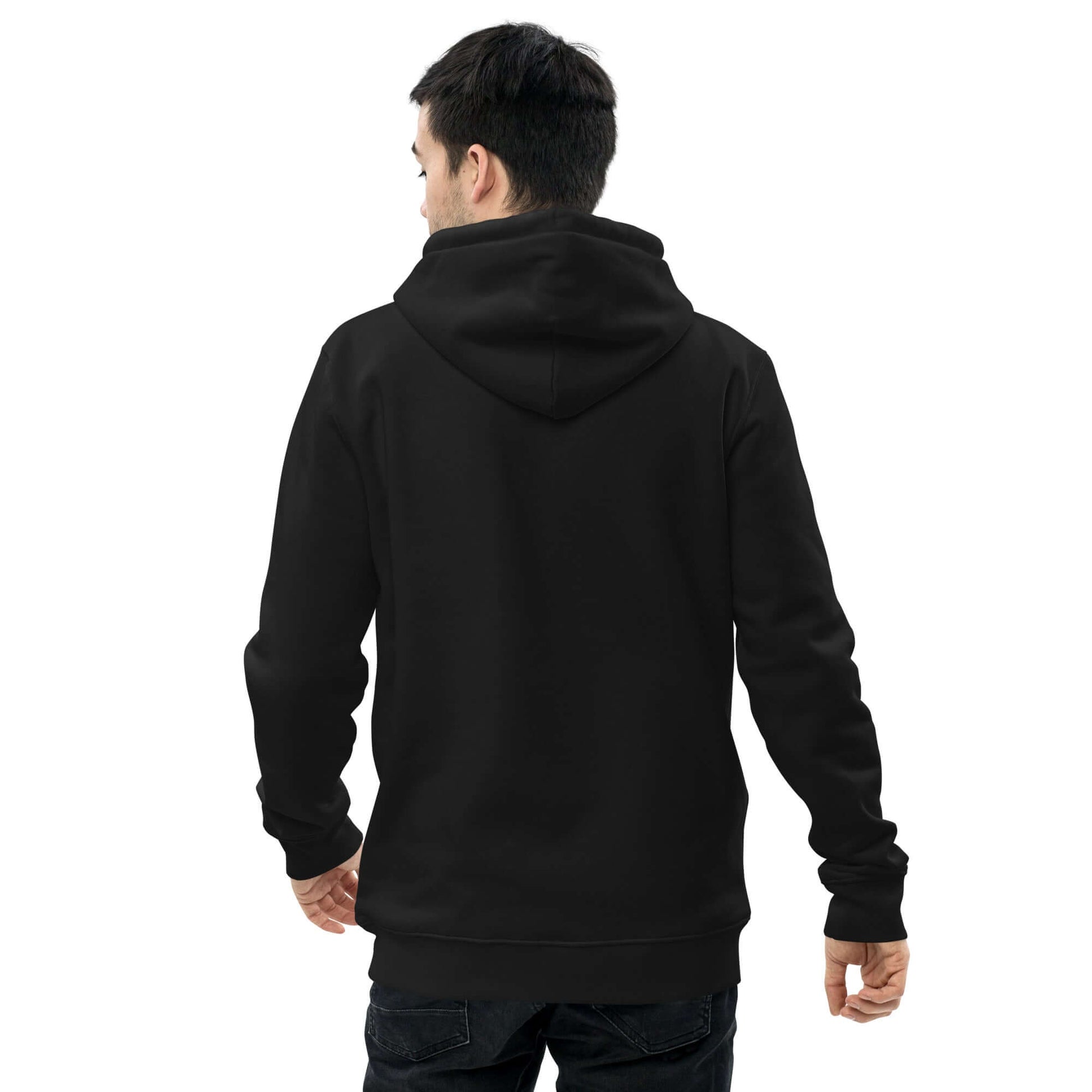 other ideas eco streetwear men's classic black sweatshirt hoodie with skateboard photo fall print organic cotton blend jersey sustainable slow fashion modelled back view