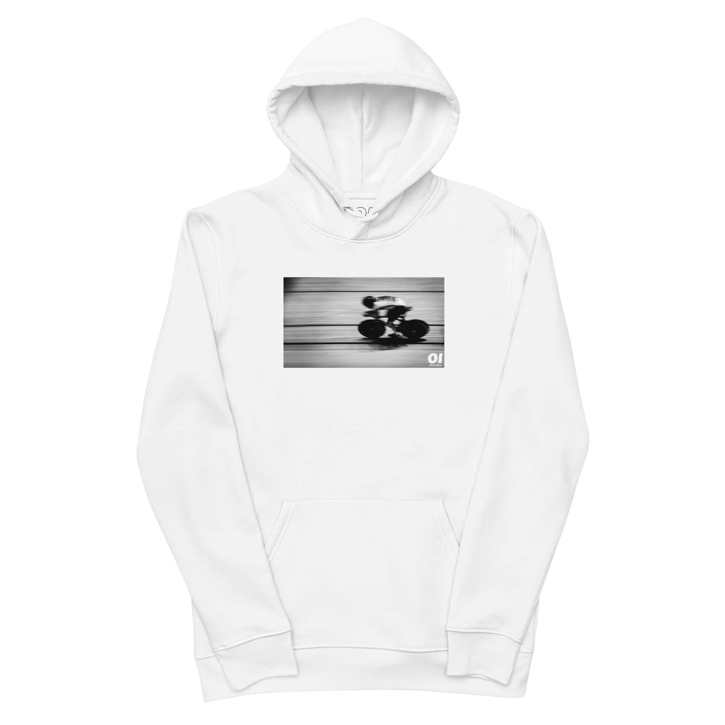 other ideas eco streetwear men's classic white sweatshirt hoodie with cycling photo print organic cotton blend jersey sustainable slow fashion flat front view with hood up