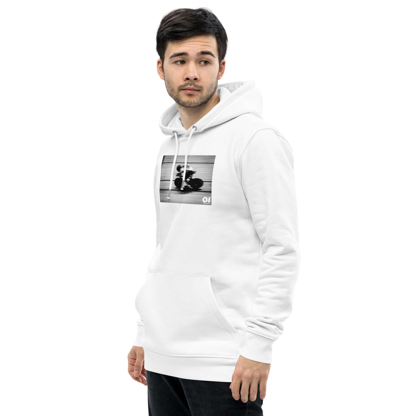 other ideas eco streetwear men's classic white sweatshirt hoodie with cycling photo print organic cotton blend jersey sustainable slow fashion modelled front view with hood down