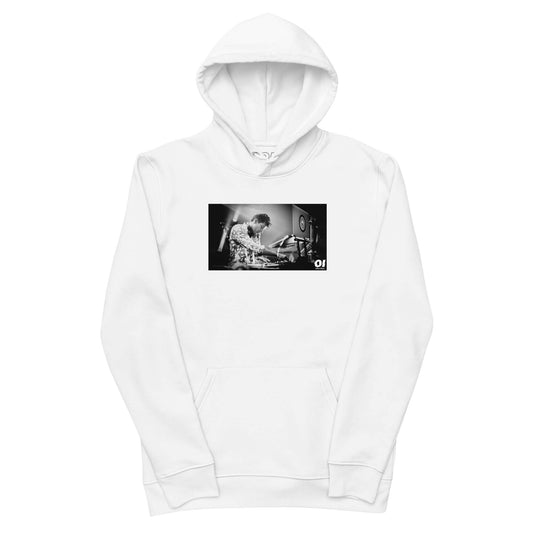 other ideas eco streetwear men's classic white sweatshirt hoodie with dj mark ronson photo print organic cotton blend jersey sustainable slow fashion flat front view with hood up