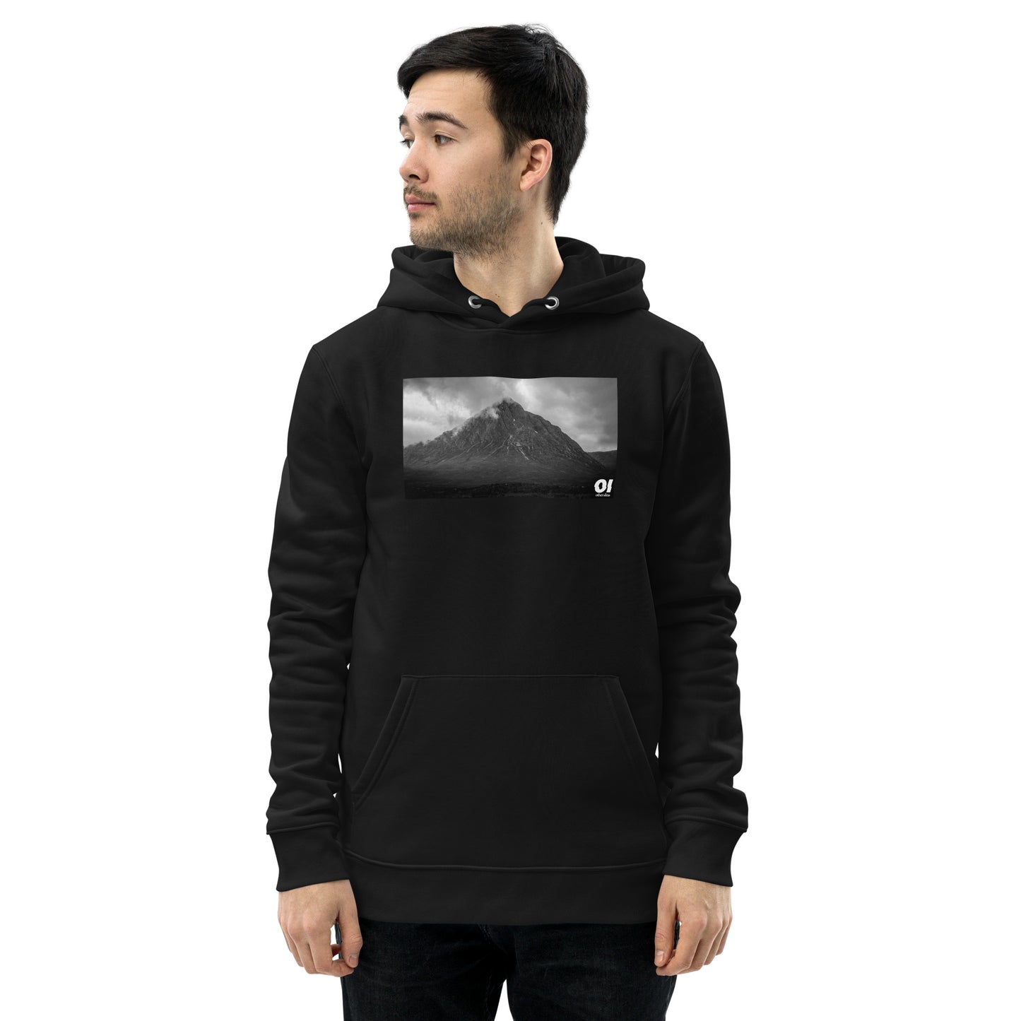 other ideas eco streetwear men's classic black sweatshirt hoodie with mountain photo print organic cotton blend jersey sustainable slow fashion modelled front view 