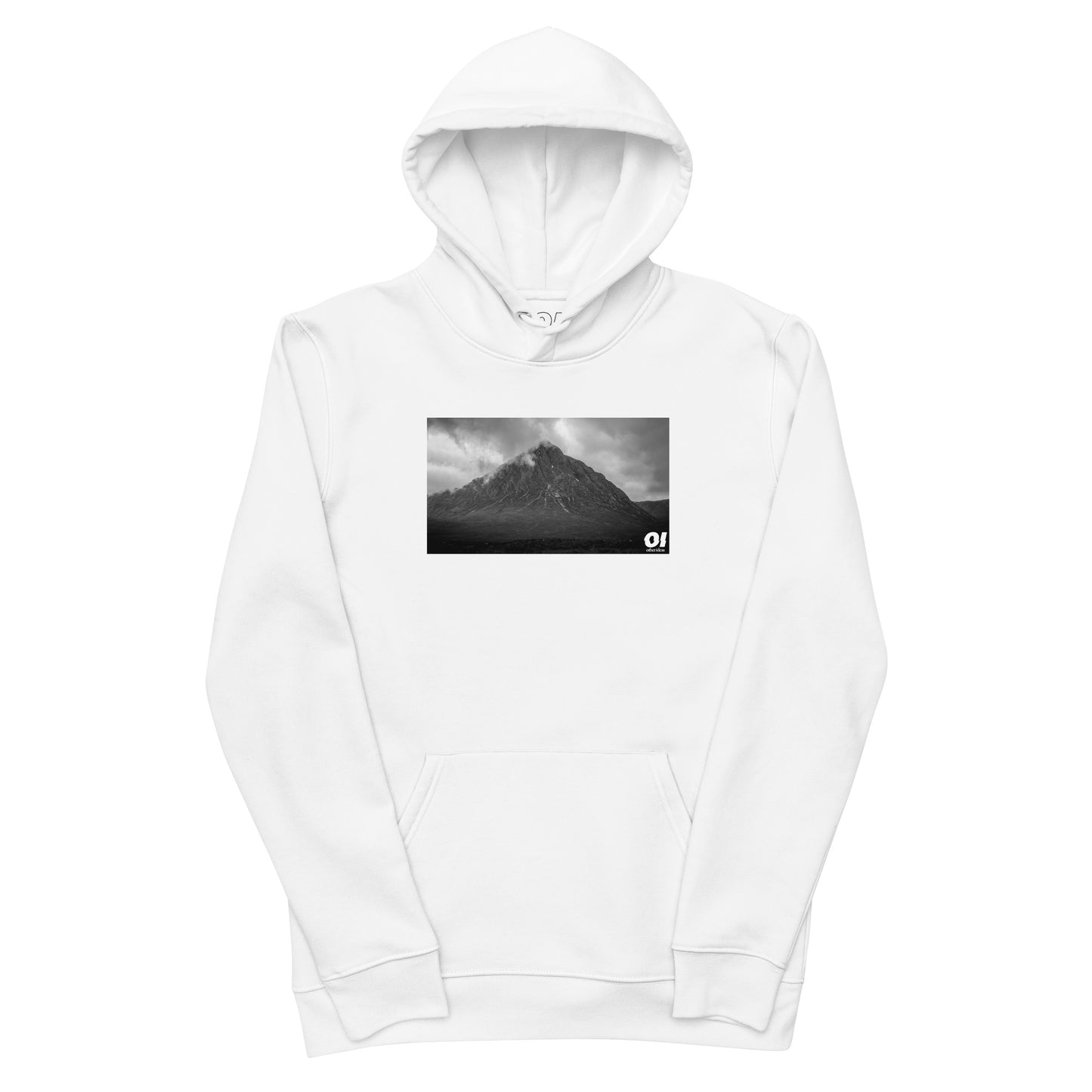 other ideas eco streetwear men's classic white sweatshirt hoodie with mountain photo print organic cotton blend jersey sustainable slow fashion flat front view with hood up