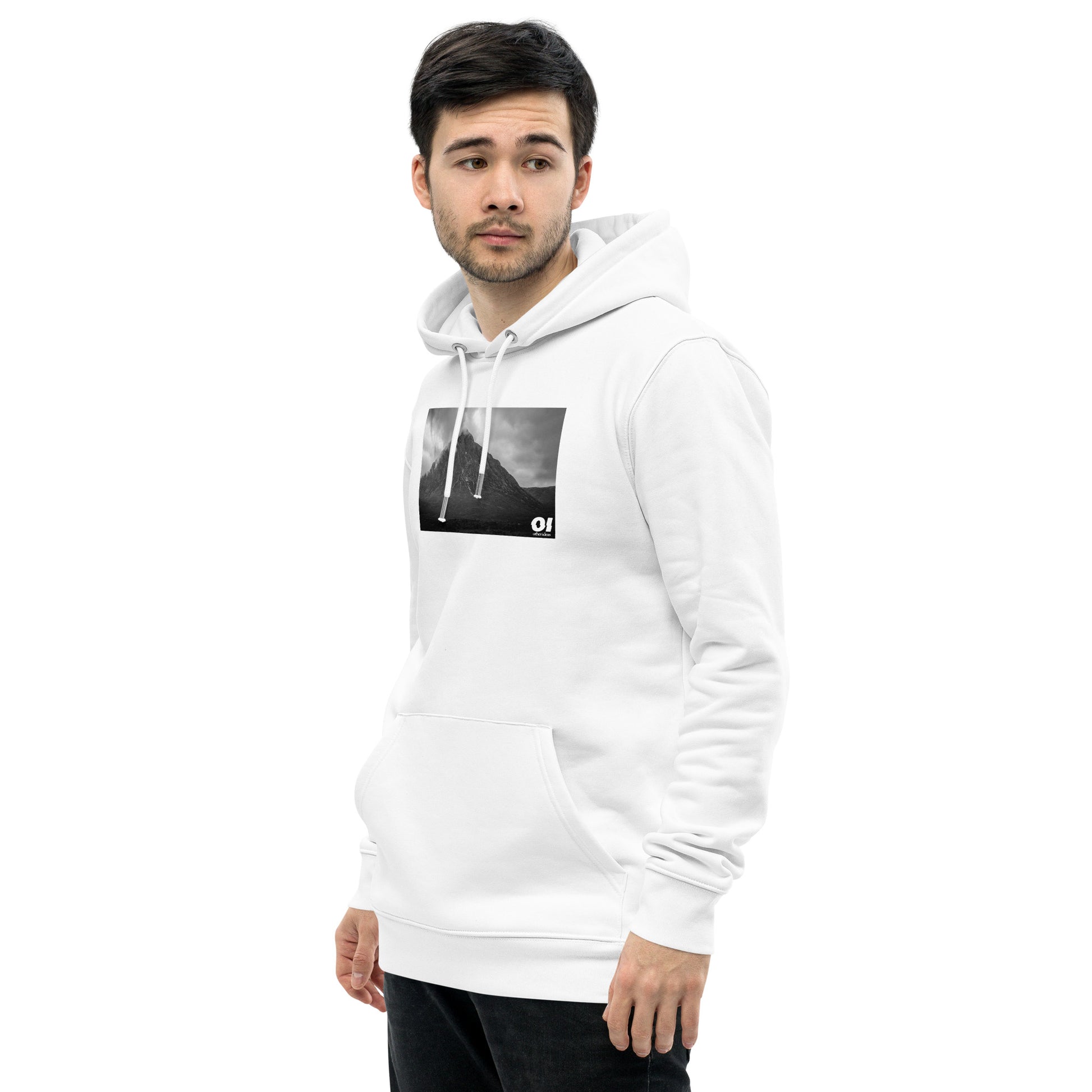 other ideas eco streetwear men's classic white sweatshirt hoodie with mountain photo print organic cotton blend jersey sustainable slow fashion modelled front view 