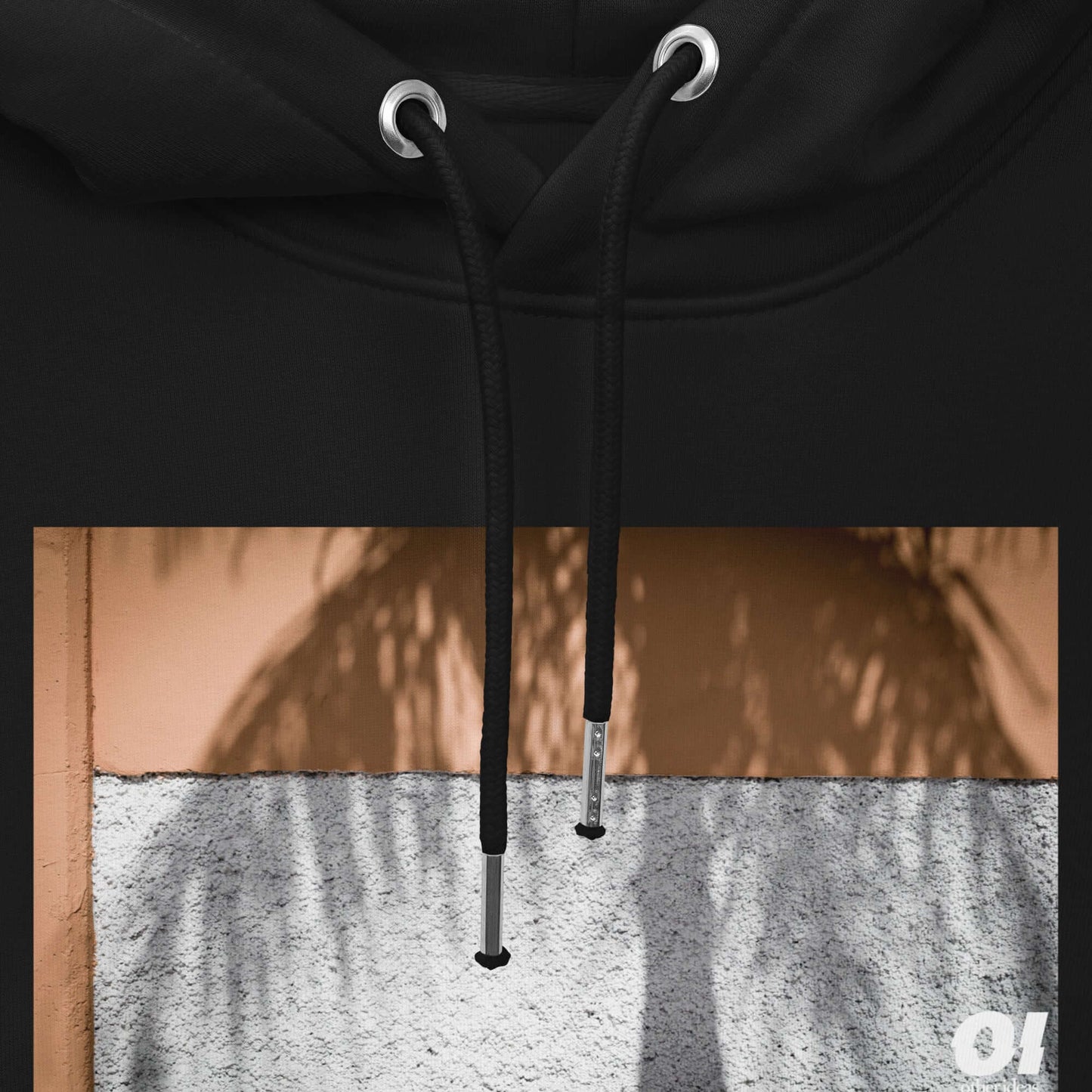 other ideas eco streetwear men's classic black sweatshirt hoodie with colour palm tree shadow photo print organic cotton blend jersey sustainable slow fashion flat front view showing drawstring and print detail