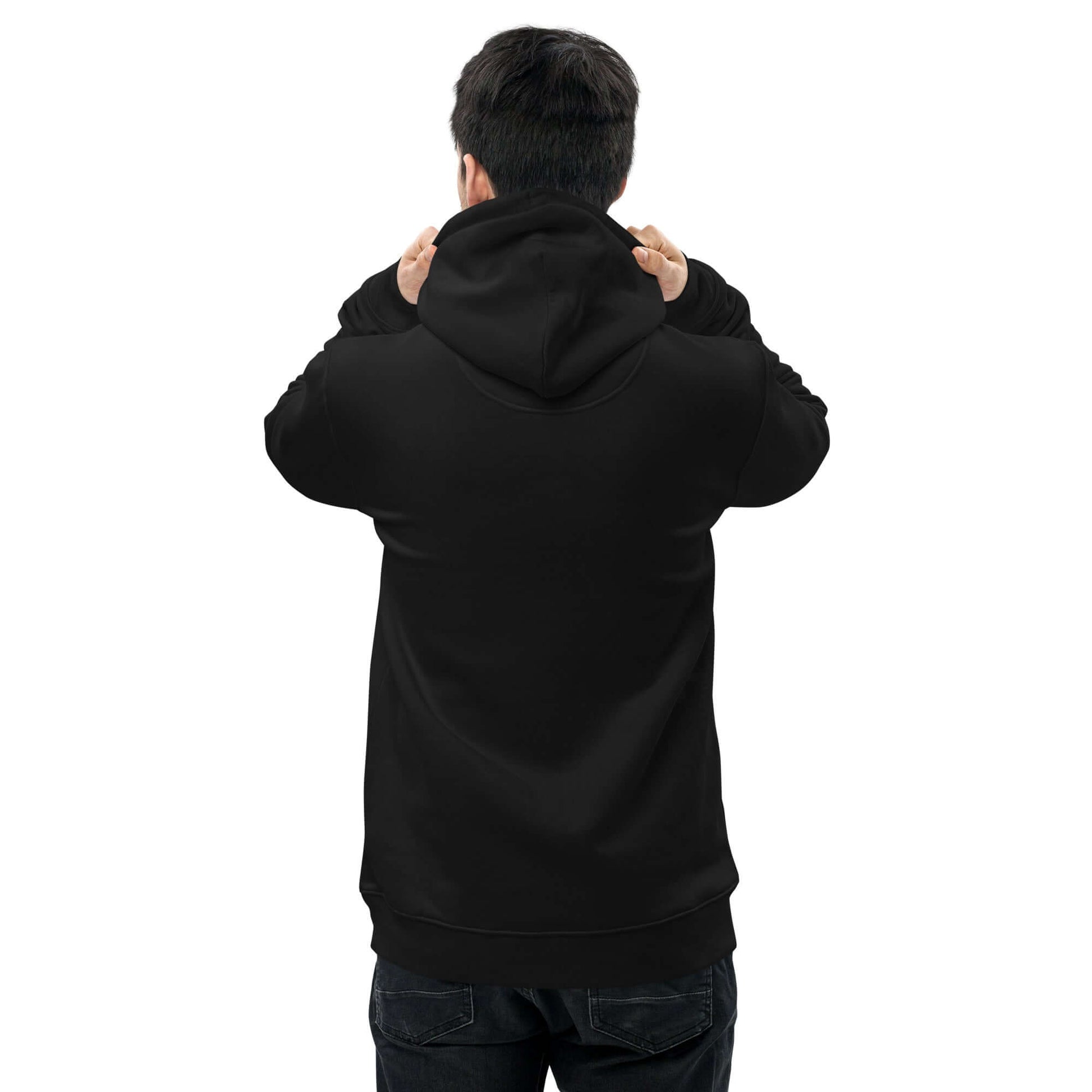 other ideas eco streetwear men's classic black sweatshirt hoodie with colour palm tree shadow photo print organic cotton blend jersey sustainable slow fashion modelled back view with hood down