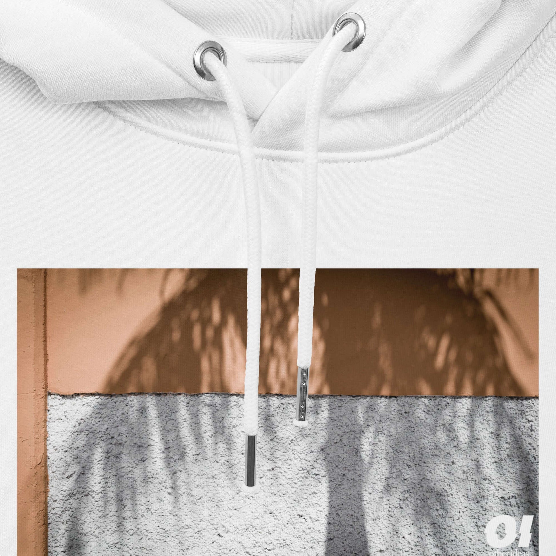 other ideas eco streetwear men's classic white sweatshirt hoodie with colour palm tree shadow photo print organic cotton blend jersey sustainable slow fashion flat front view showing drawstring and print detail