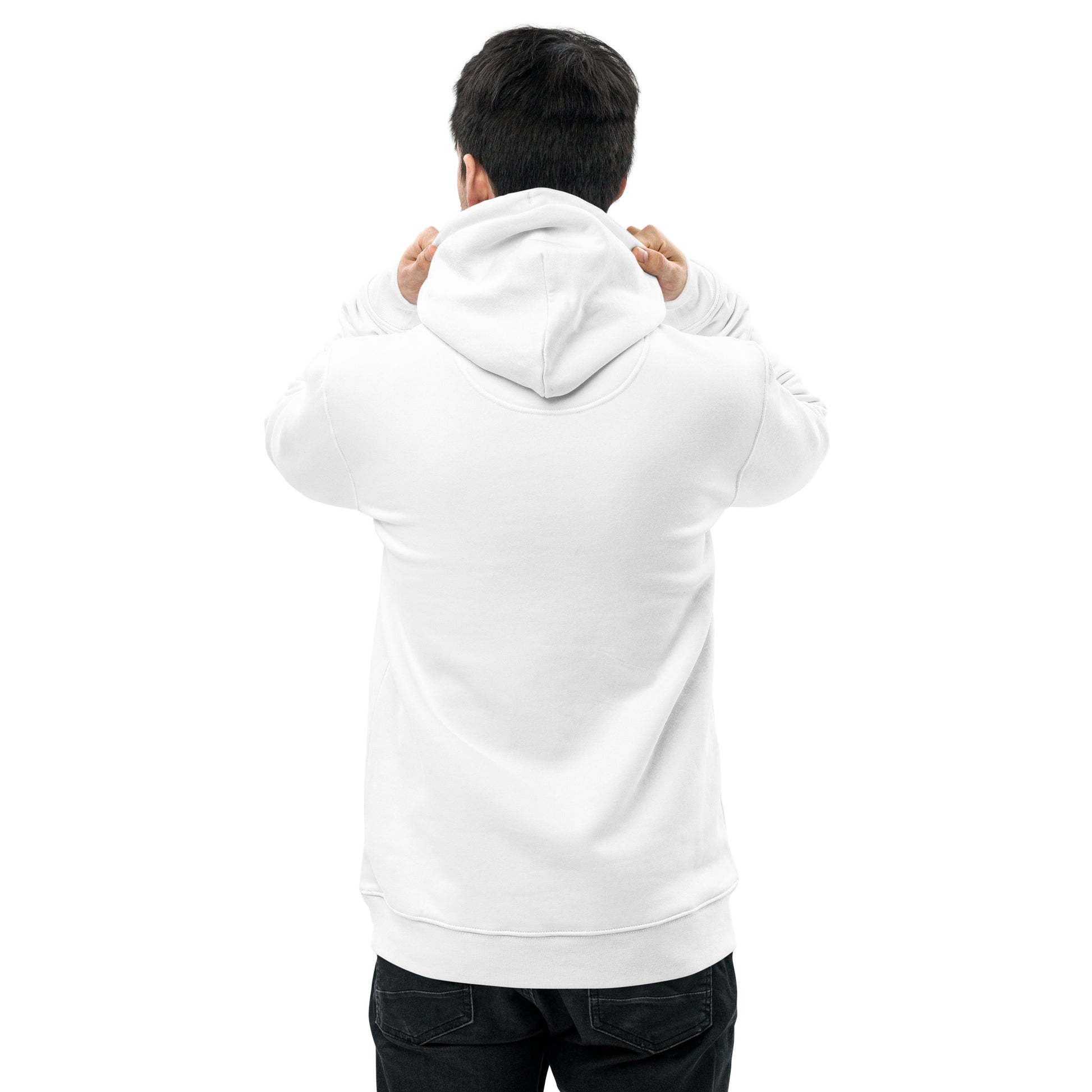 other ideas eco streetwear men's classic white sweatshirt hoodie with palm trees photo print organic cotton blend jersey sustainable slow fashion modelled back view with hood down