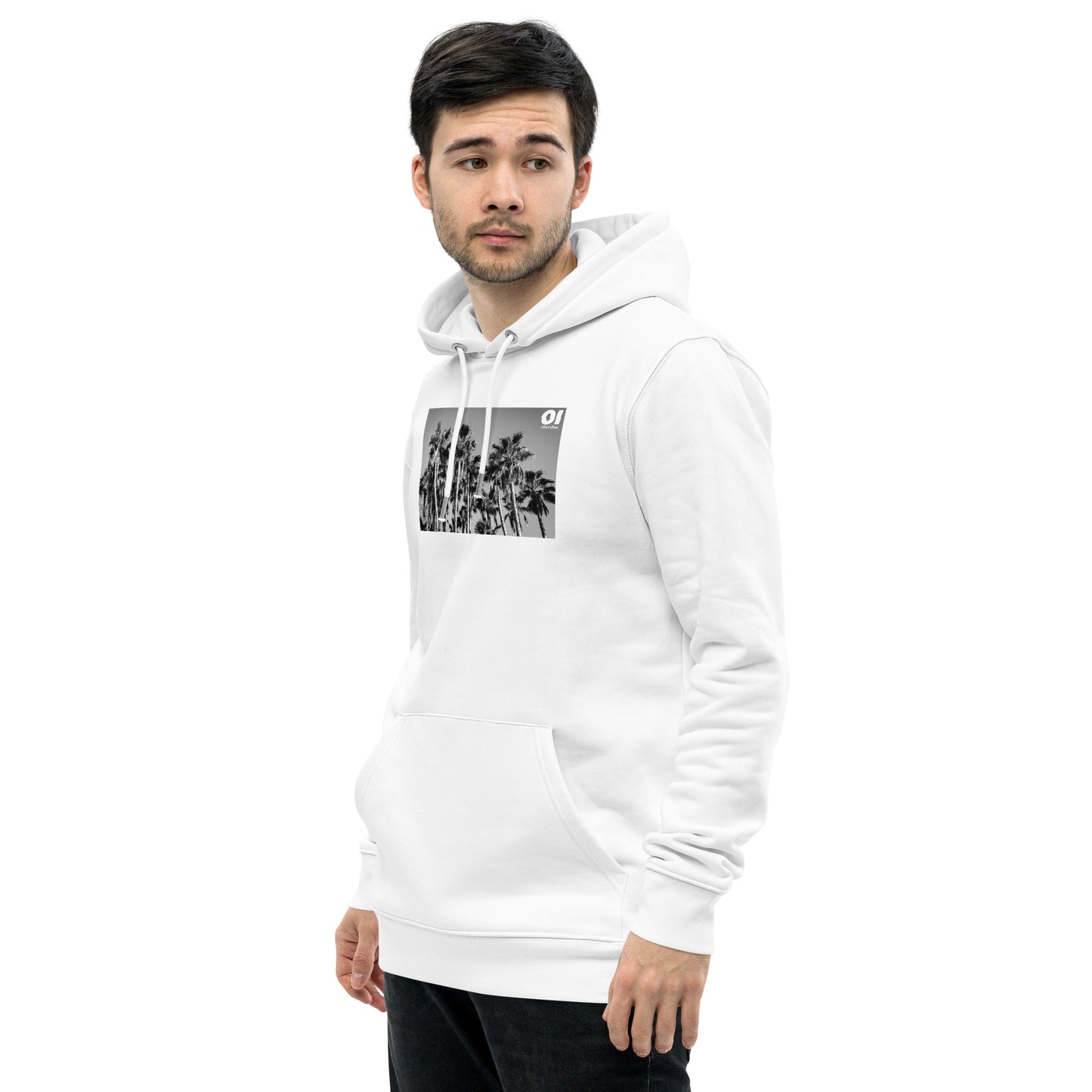 other ideas eco streetwear men's classic white sweatshirt hoodie with palm trees photo print organic cotton blend jersey sustainable slow fashion modelled front view with hood down