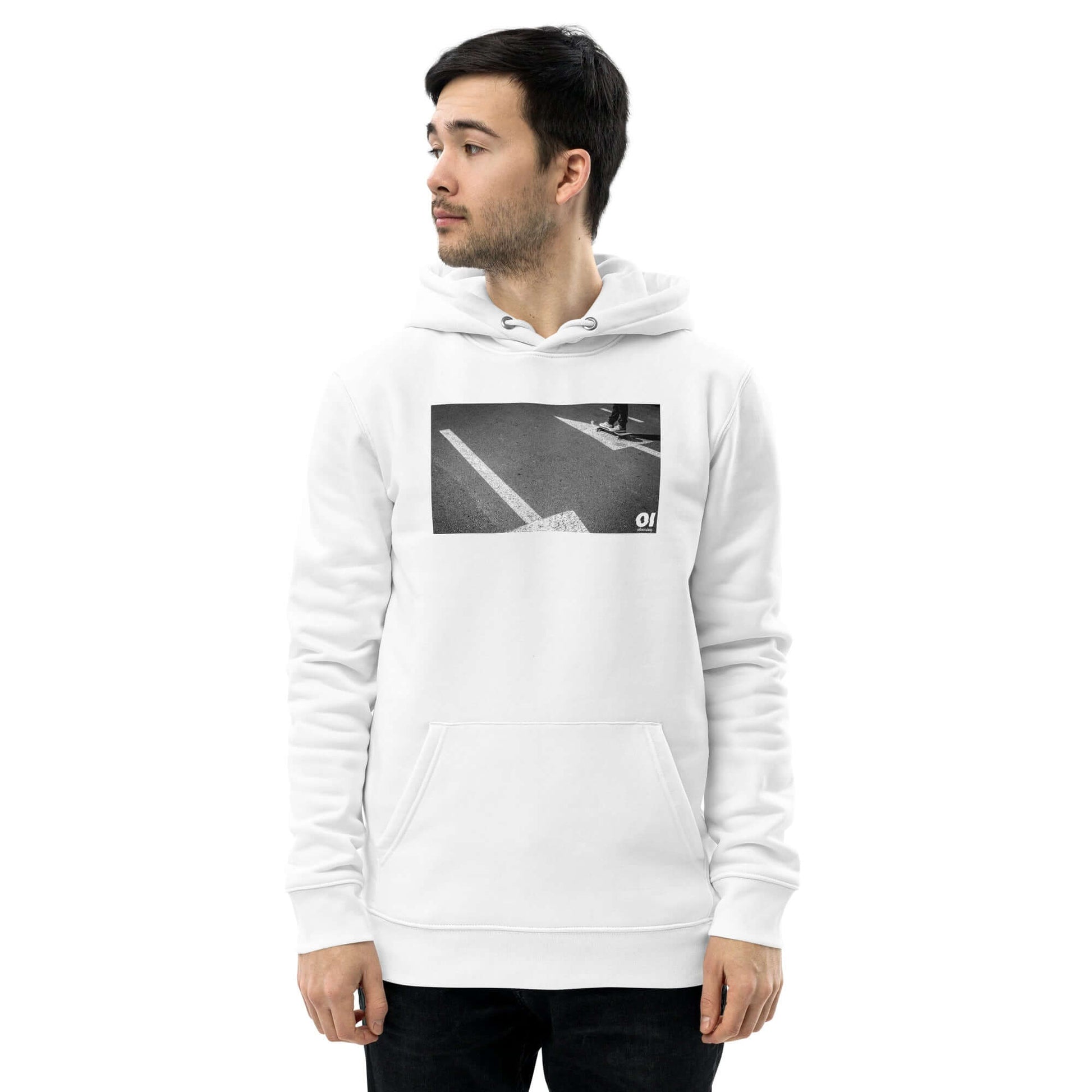 other ideas eco streetwear men's classic white sweatshirt hoodie with skateboarding photo arrows print organic cotton blend jersey sustainable slow fashion modelled front view with hood down