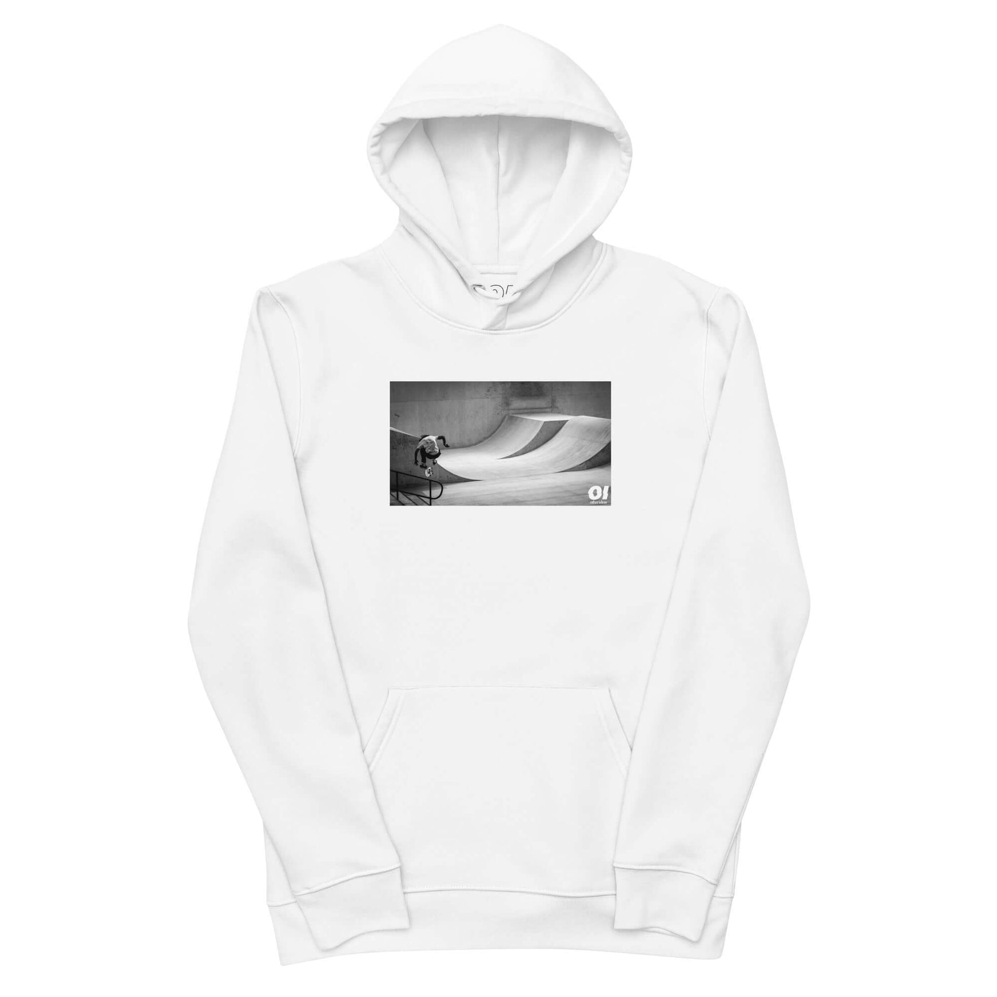 other ideas eco streetwear men's classic white sweatshirt hoodie with skateboarding photo jump print organic cotton blend jersey sustainable slow fashion flat front view with hood up