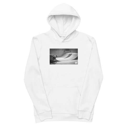 other ideas eco streetwear men's classic white sweatshirt hoodie with skateboarding photo jump print organic cotton blend jersey sustainable slow fashion flat front view with hood up