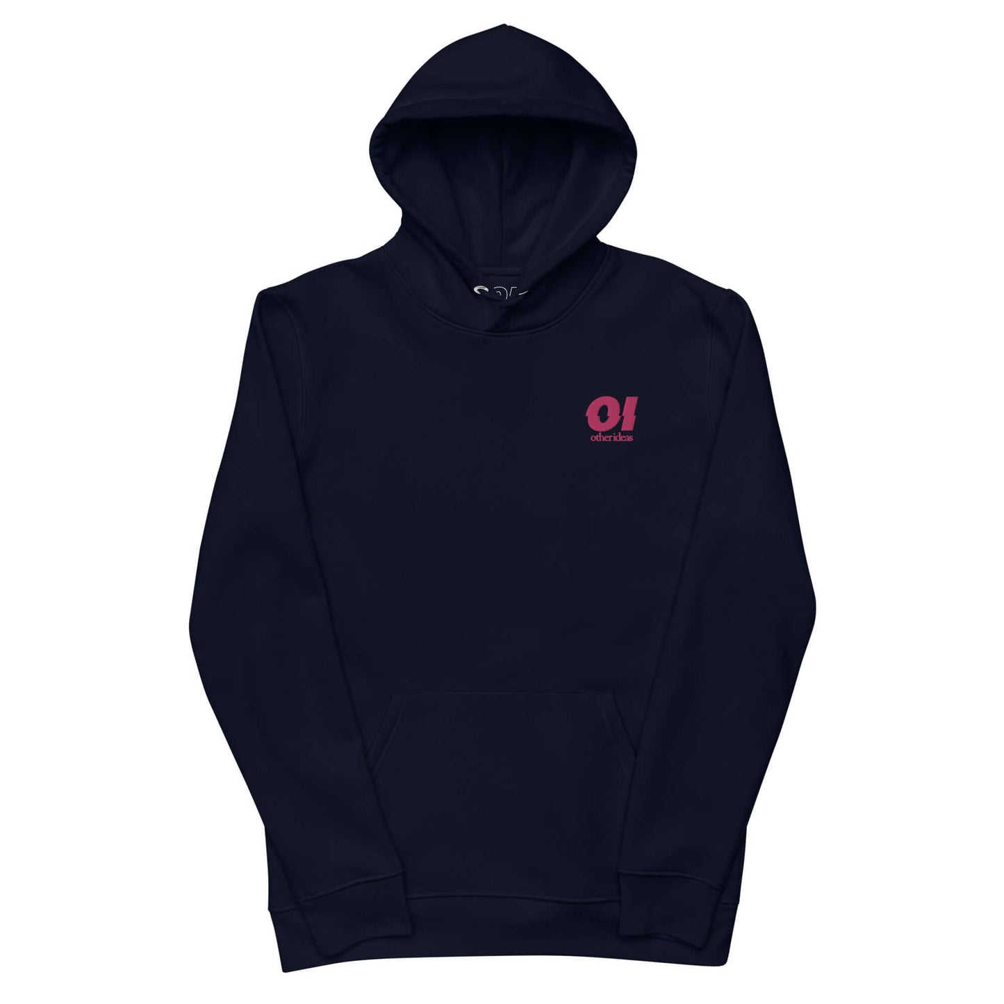 other ideas eco streetwear men's french navy blue sweatshirt hoodie flamingo pink logo embroidered organic cotton blend jersey sustainable slow fashion flat front view with hood up