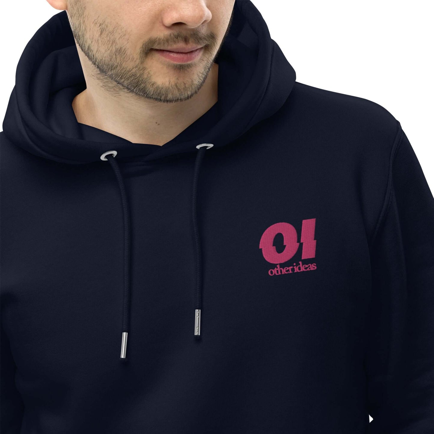 other ideas eco streetwear men's french navy blue sweatshirt hoodie flamingo pink logo embroidered organic cotton blend jersey sustainable slow fashion modelled front zoomed view with hood down