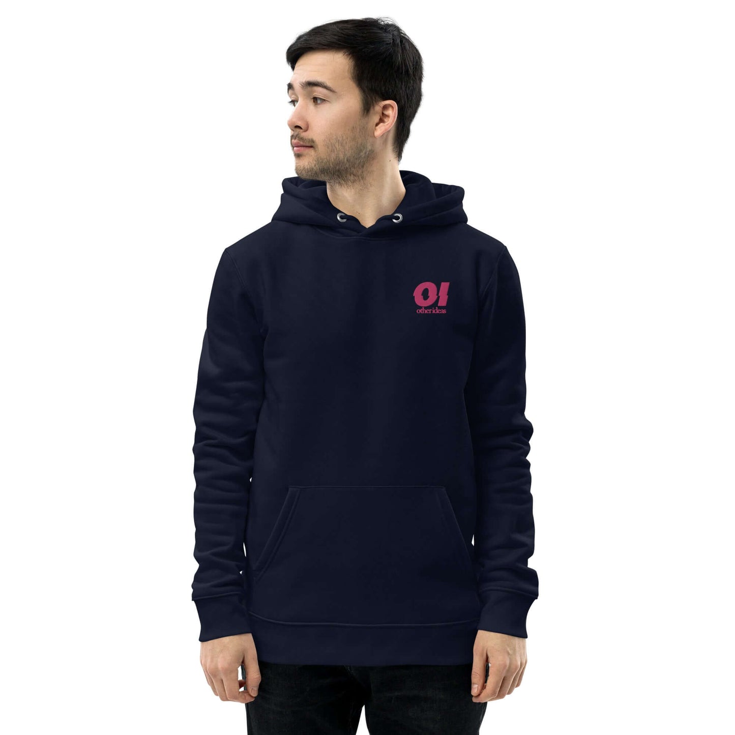 other ideas eco streetwear men's french navy blue sweatshirt hoodie flamingo pink logo embroidered organic cotton blend jersey sustainable slow fashion modelled front view with hood up