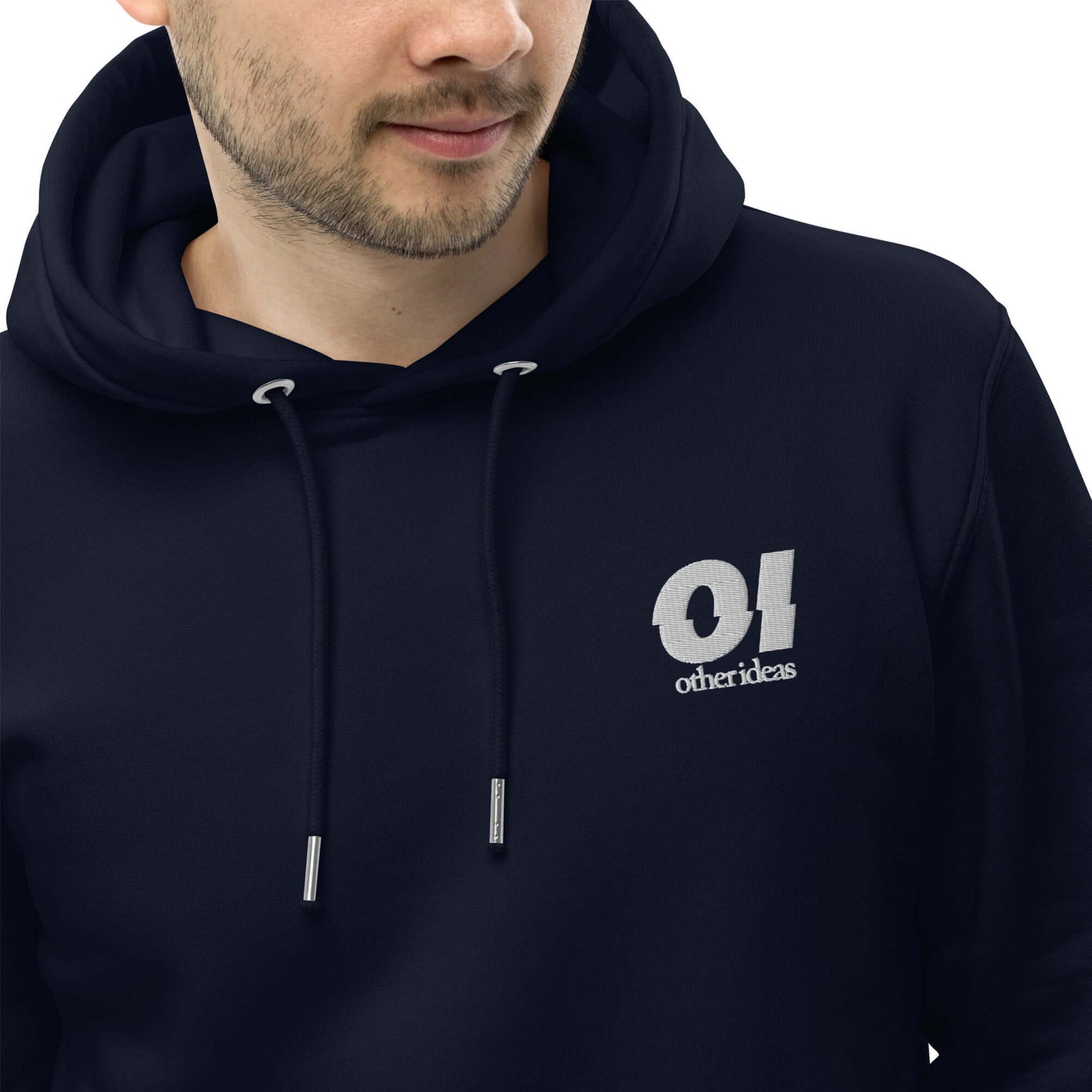 other ideas eco streetwear men's navy blue sweatshirt hoodie logo embroidered organic cotton blend jersey sustainable slow fashion modelled front view zoomed showing logo detail