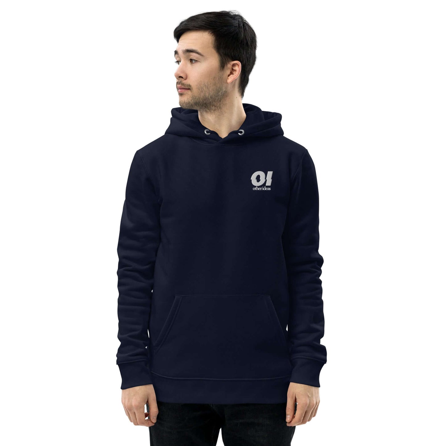 other ideas eco streetwear men's navy blue sweatshirt hoodie logo embroidered organic cotton blend jersey sustainable slow fashion modelled front view with hood down