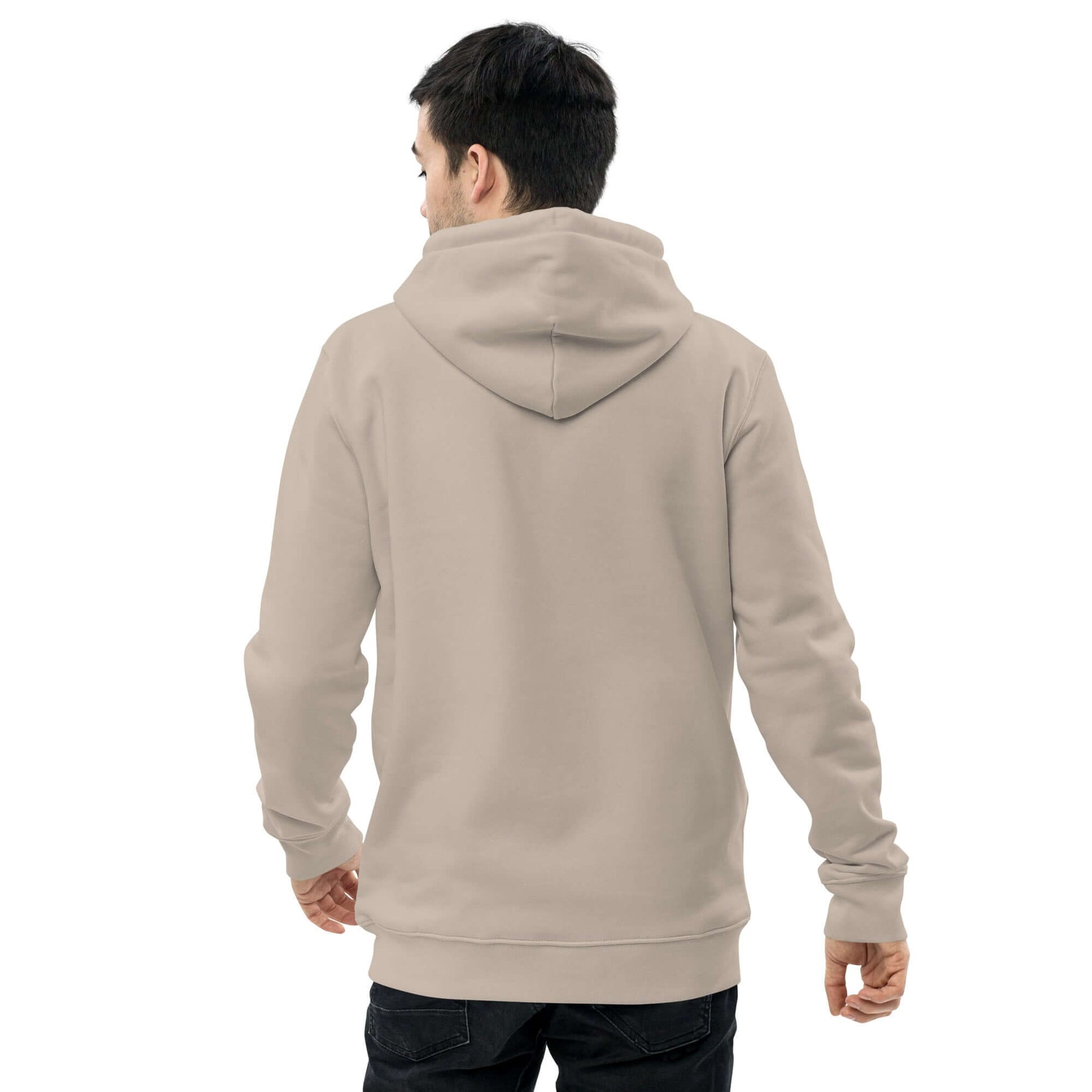 other ideas eco streetwear men's mojave sand sweatshirt hoodie logo embroidered organic cotton blend jersey sustainable slow fashion modelled back view with hood down