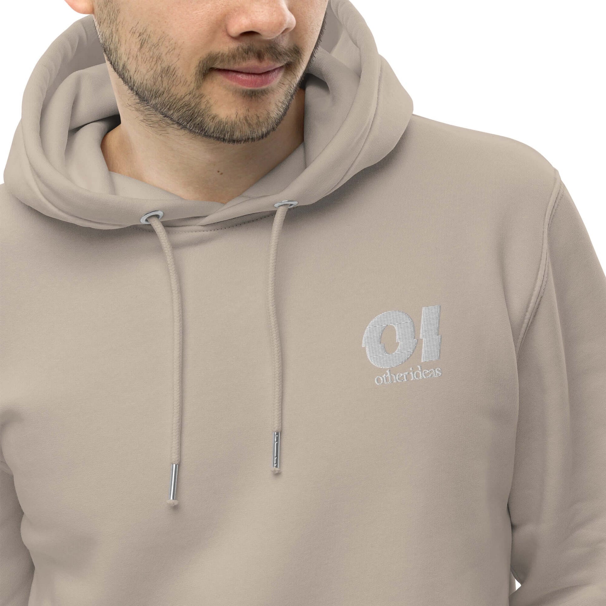 other ideas eco streetwear men's mojave sand sweatshirt hoodie logo embroidered organic cotton blend jersey sustainable slow fashion modelled front zoomed showing logo detail