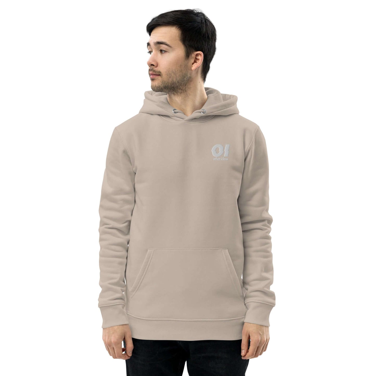 other ideas eco streetwear men's mojave sand sweatshirt hoodie logo embroidered organic cotton blend jersey sustainable slow fashion modelled front view with hood down