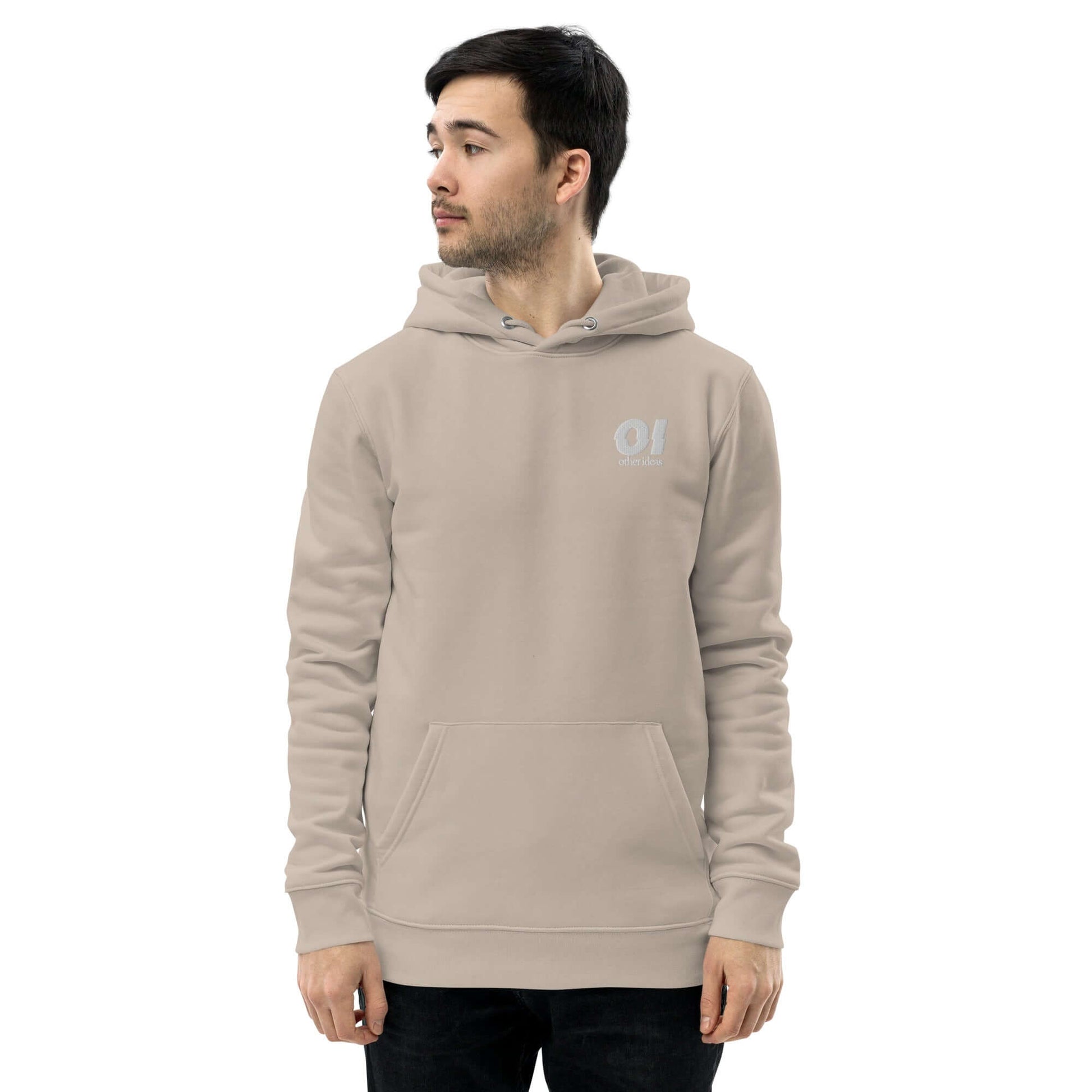 other ideas eco streetwear men's mojave sand sweatshirt hoodie logo embroidered organic cotton blend jersey sustainable slow fashion modelled front view with hood down