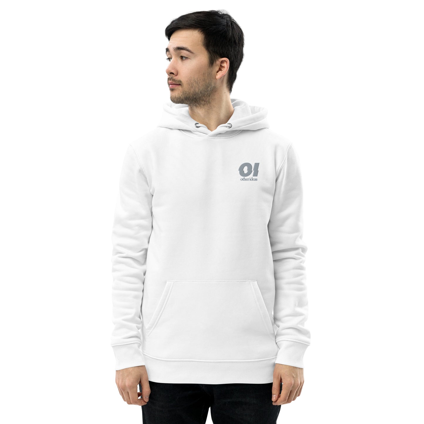 other ideas eco streetwear men's white sweatshirt hoodie logo embroidered organic cotton blend jersey sustainable slow fashion modelled front view with hood down