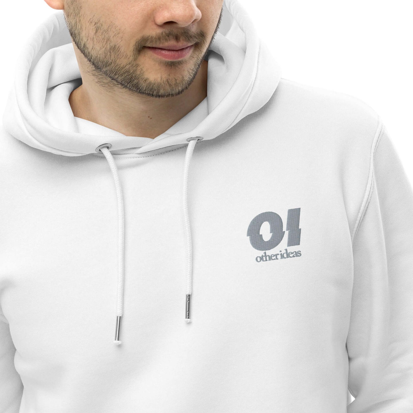 other ideas eco streetwear men's white sweatshirt hoodie logo embroidered organic cotton blend jersey sustainable slow fashion modelled front view zoomed logo detail