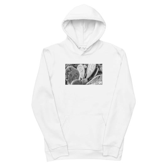 other ideas eco streetwear men's classic white sweatshirt hoodie with graffiti cactus photo print organic cotton blend jersey sustainable slow fashion flat front view with hood up