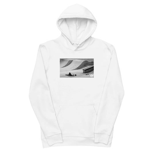 other ideas eco streetwear men's classic white sweatshirt hoodie with skateboard photo fall print organic cotton blend jersey sustainable slow fashion flat front view with hood up