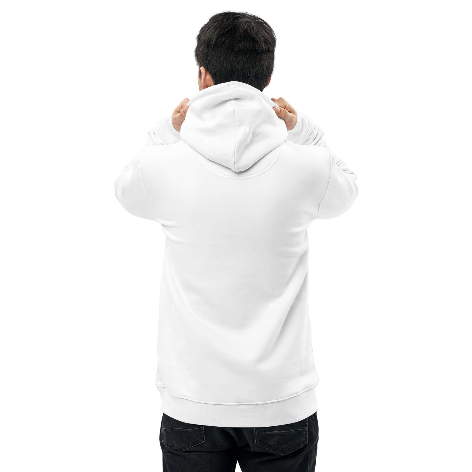 other ideas eco streetwear men's classic white sweatshirt hoodie with skateboard photo fall print organic cotton blend jersey sustainable slow fashion modelled back view