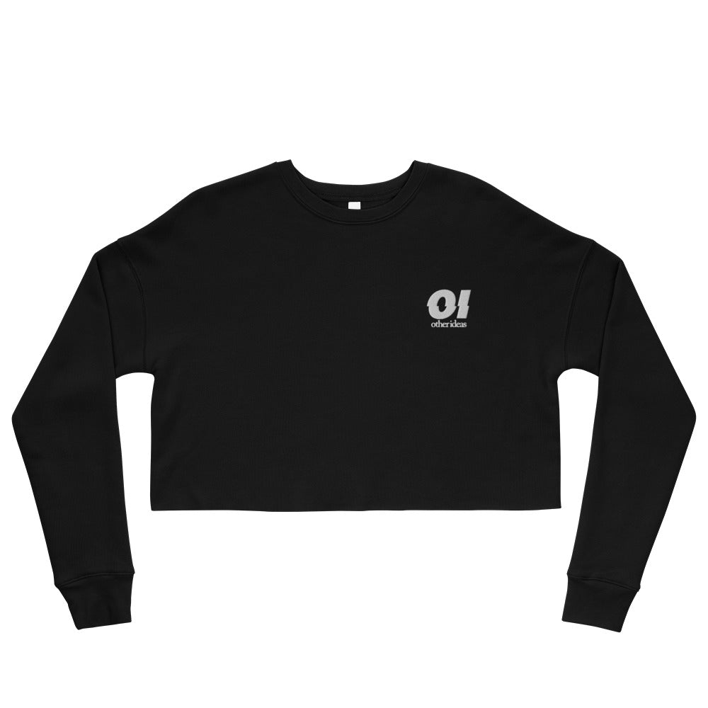 other ideas eco streetwear sustainable women's black cropped sweatshirt logo embroidered slow fashion flat front view alternate