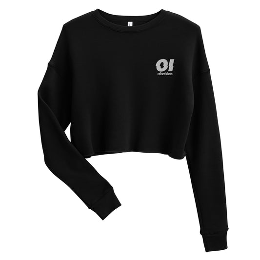 other ideas eco streetwear sustainable women's black cropped sweatshirt logo embroidered slow fashion flat front view