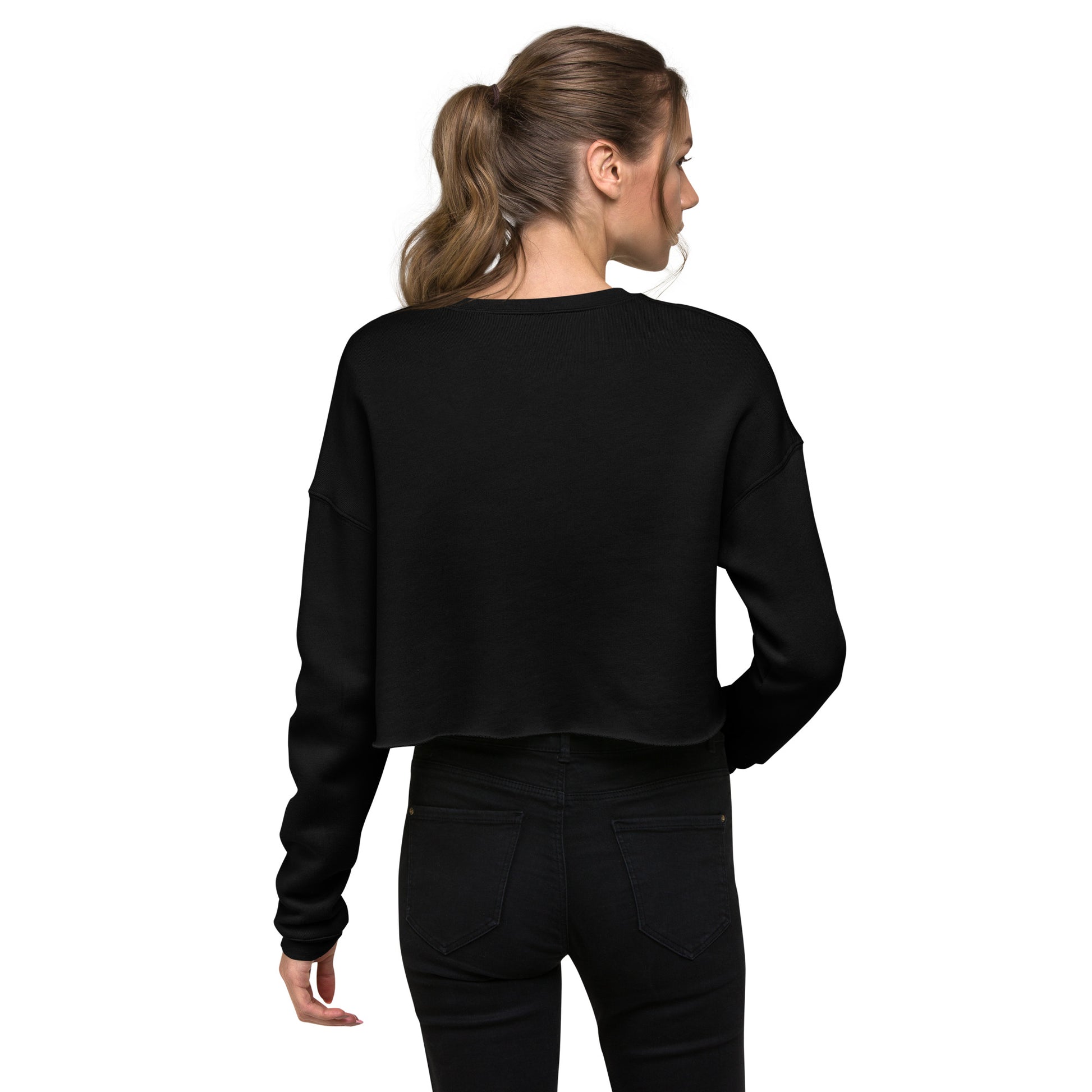 other ideas eco streetwear sustainable women's black cropped sweatshirt logo embroidered slow fashion modelled back view