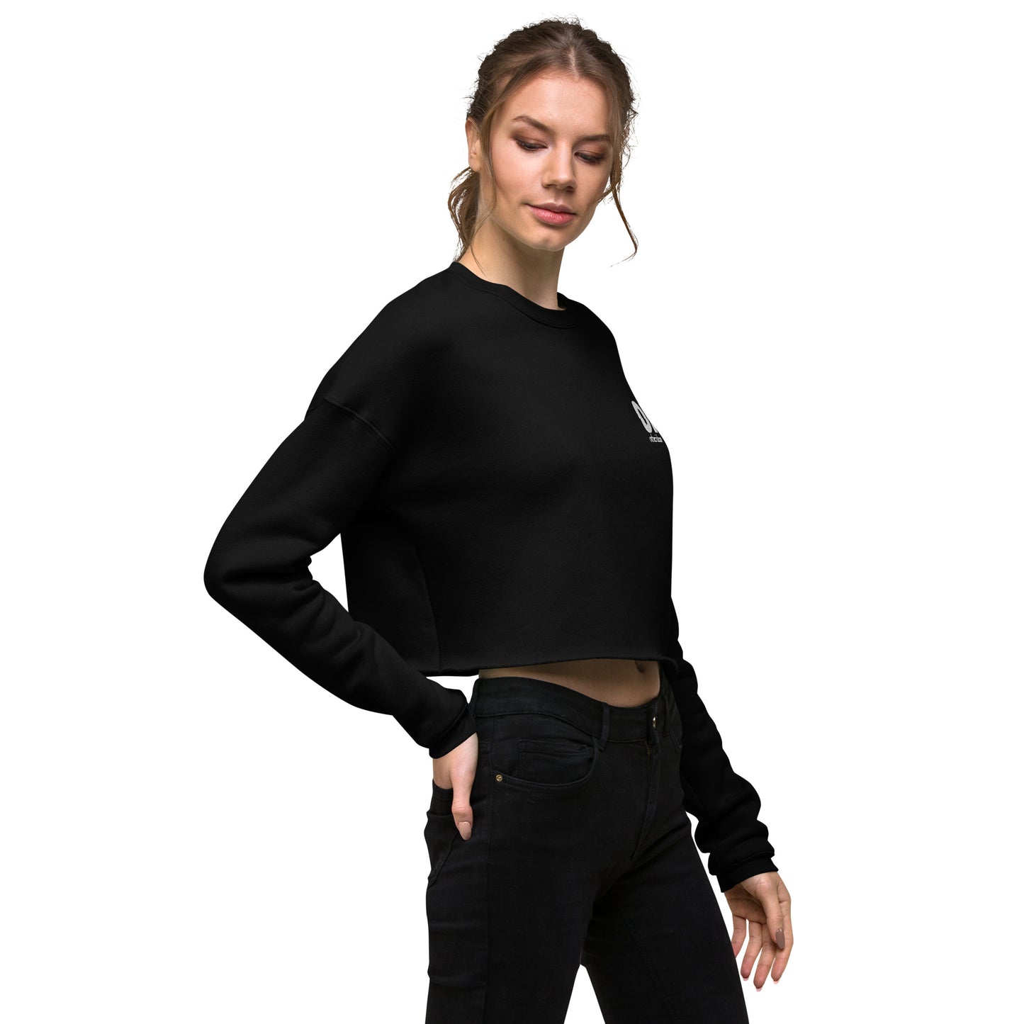 other ideas eco streetwear sustainable women's black cropped sweatshirt logo embroidered slow fashion modelled front view