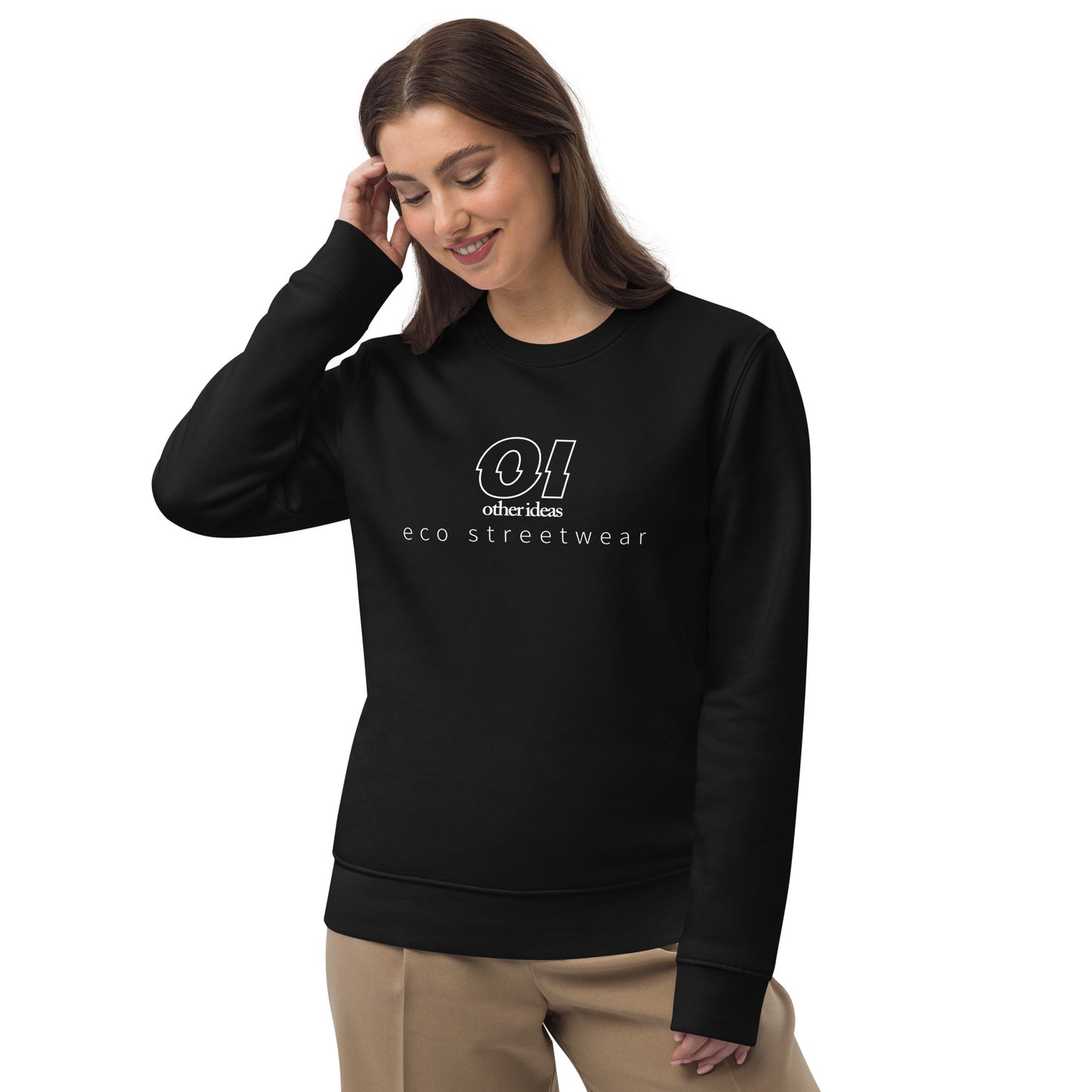 other ideas eco streetwear women's black sweatshirt logo printed organic cotton blend jersey sustainable slow fashion modelled front view