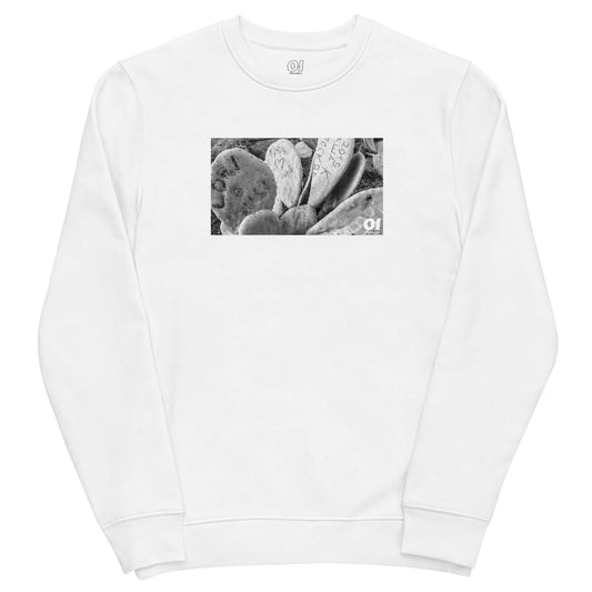 other ideas eco streetwear women's classic white sweatshirt with black and white graffiti cactus photo print organic cotton blend jersey sustainable slow fashion flat front view