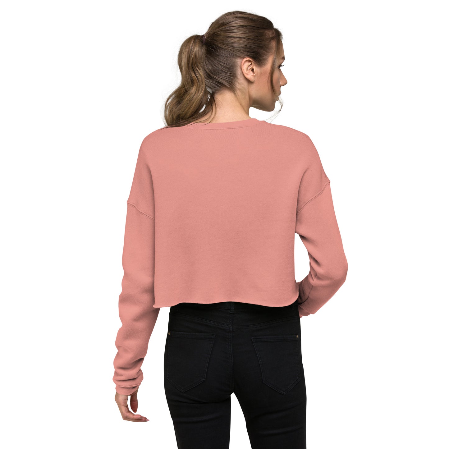 other ideas eco streetwear sustainable women's canyon pink cropped sweatshirt logo embroidered slow fashion modelled back view